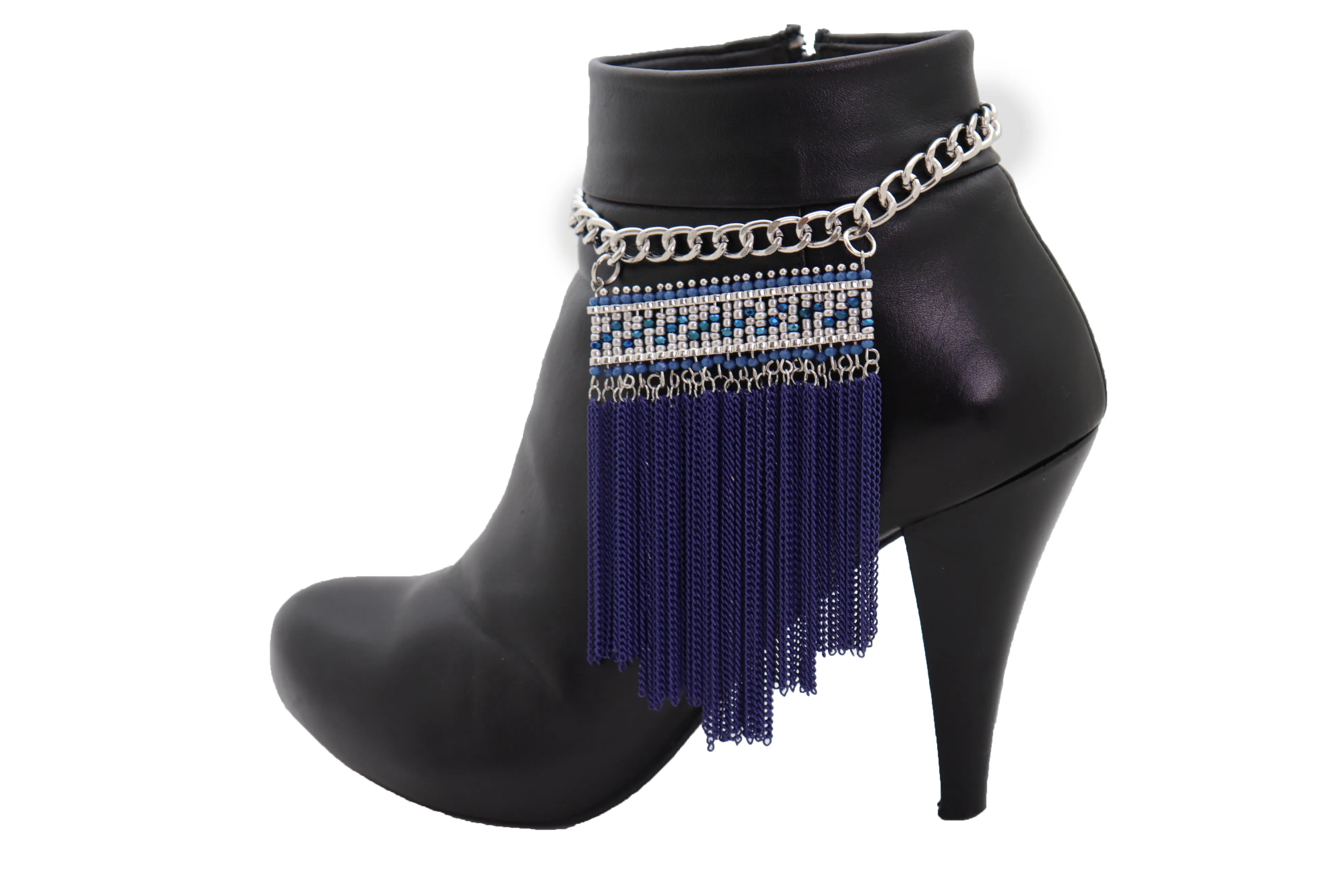 Silver Metal Chain Boot Bracelet Shoe Blue Tassel Beads Ethnic Charm Bling