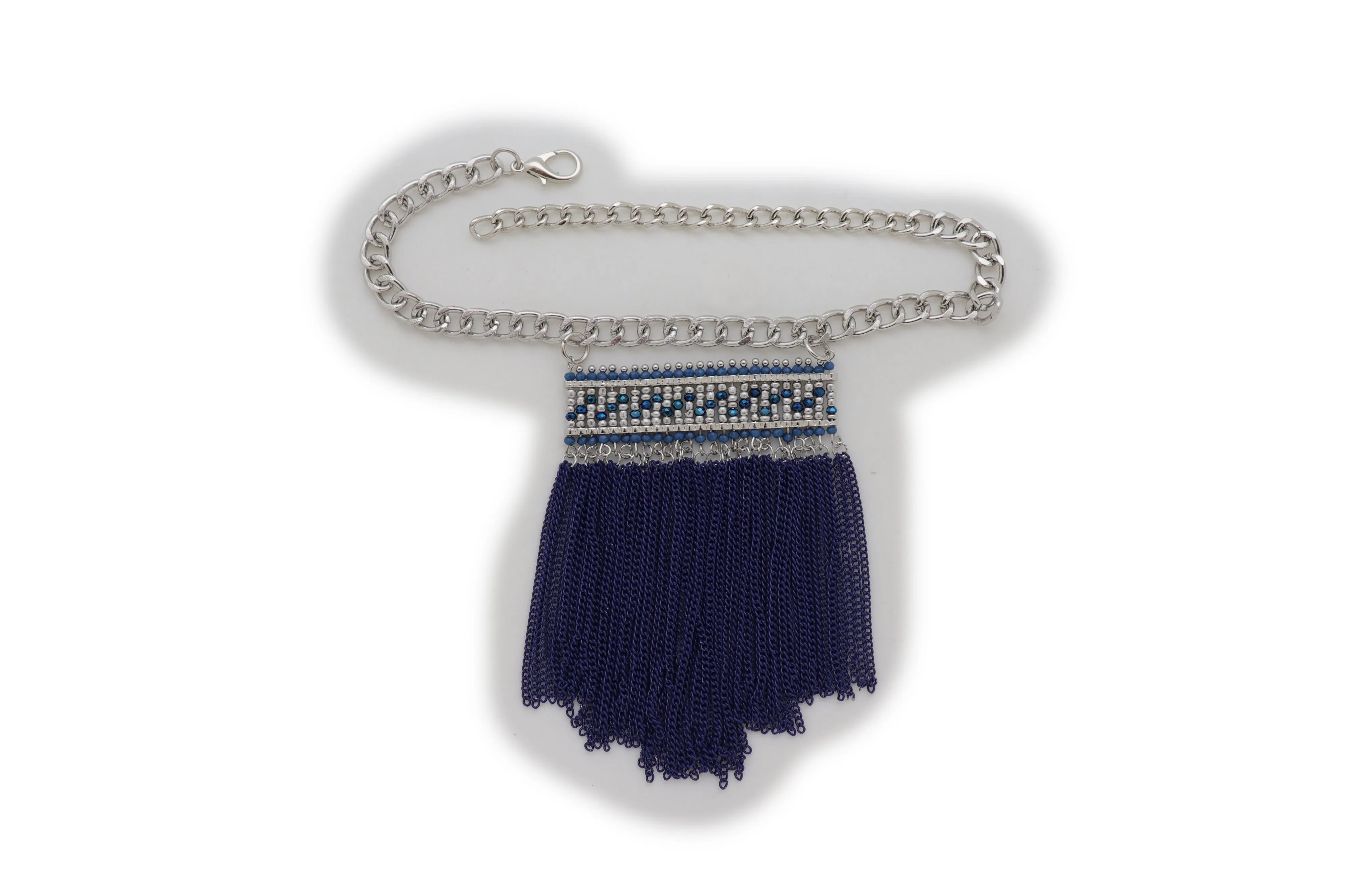Silver Metal Chain Boot Bracelet Shoe Blue Tassel Beads Ethnic Charm Bling