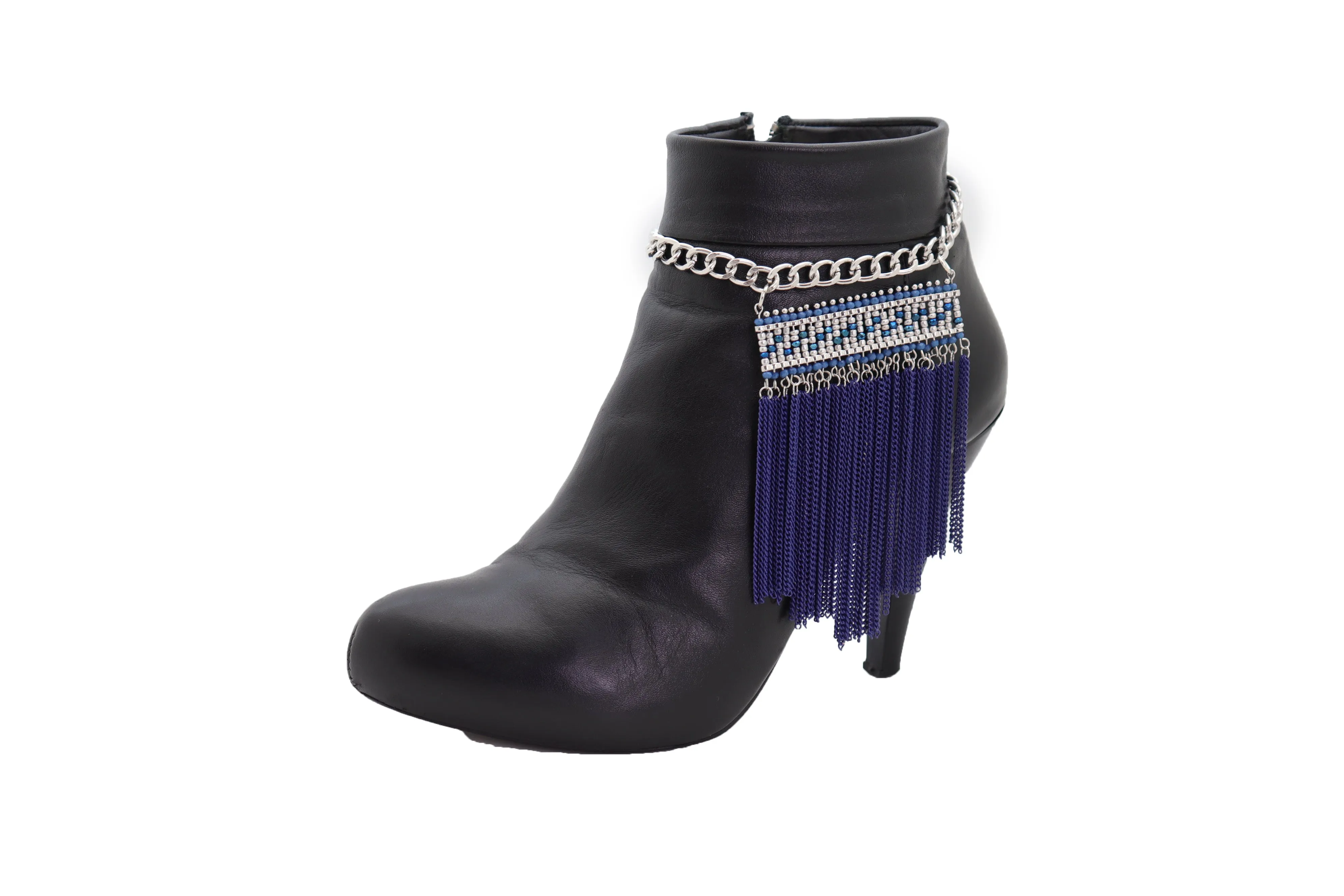 Silver Metal Chain Boot Bracelet Shoe Blue Tassel Beads Ethnic Charm Bling
