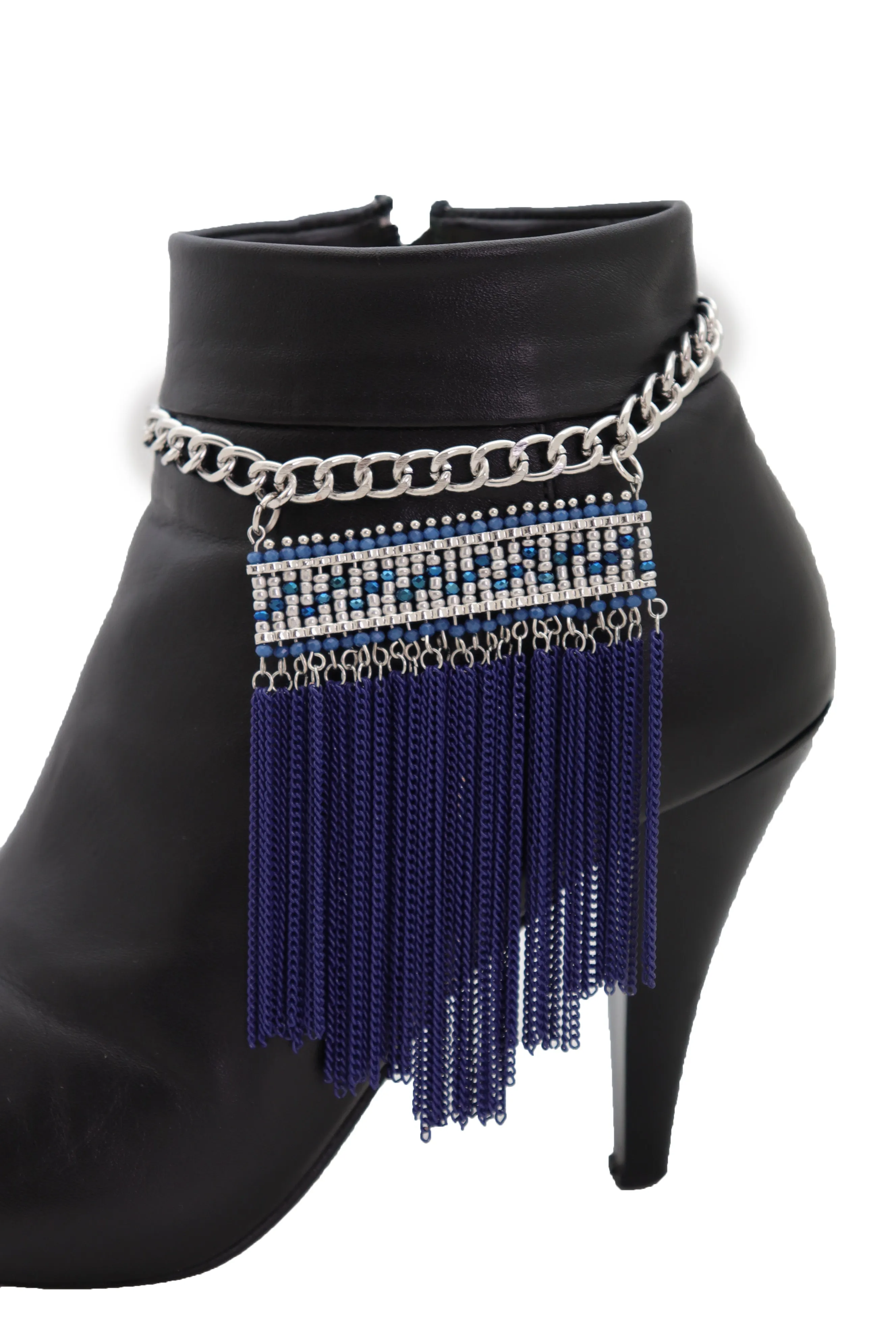 Silver Metal Chain Boot Bracelet Shoe Blue Tassel Beads Ethnic Charm Bling