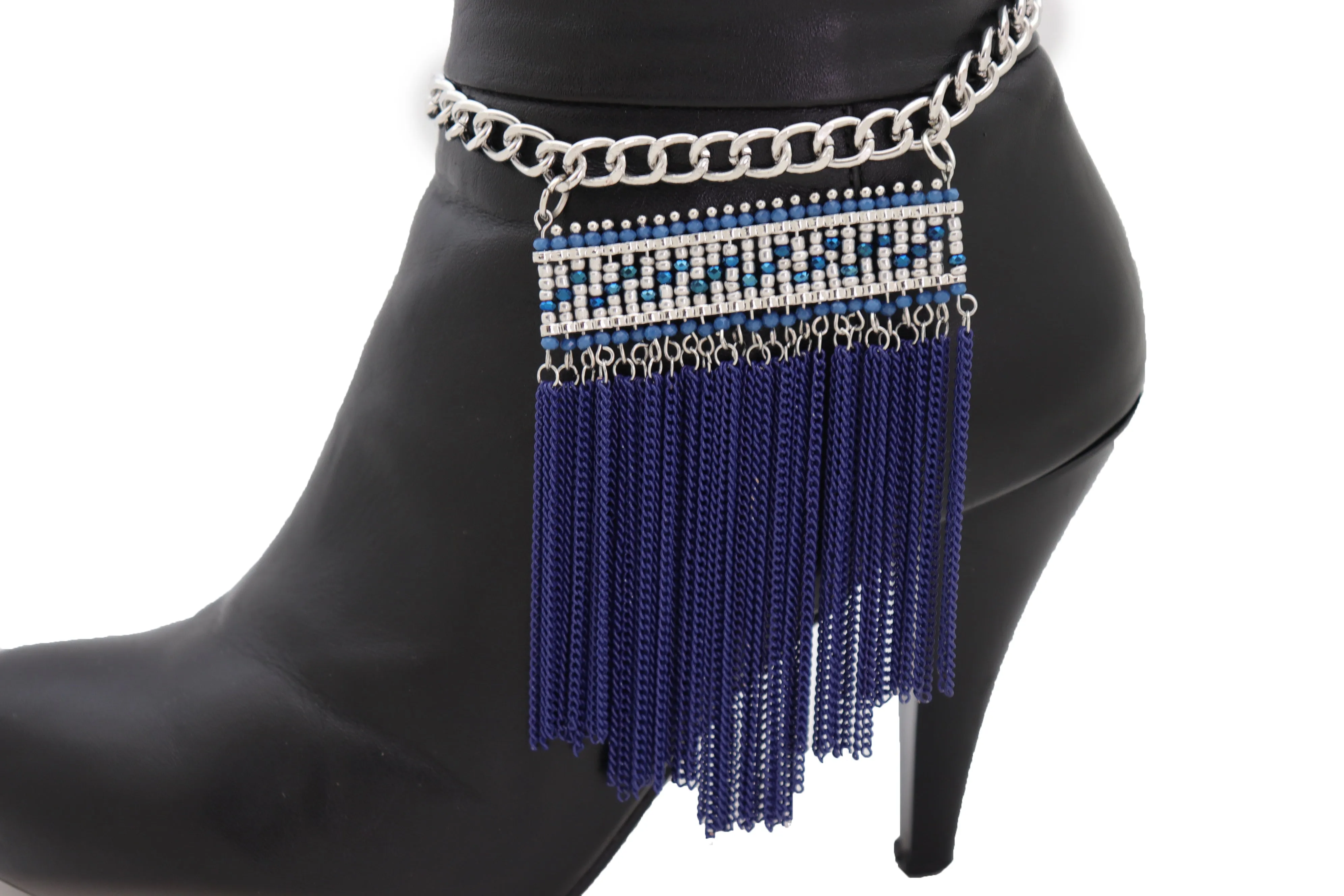 Silver Metal Chain Boot Bracelet Shoe Blue Tassel Beads Ethnic Charm Bling