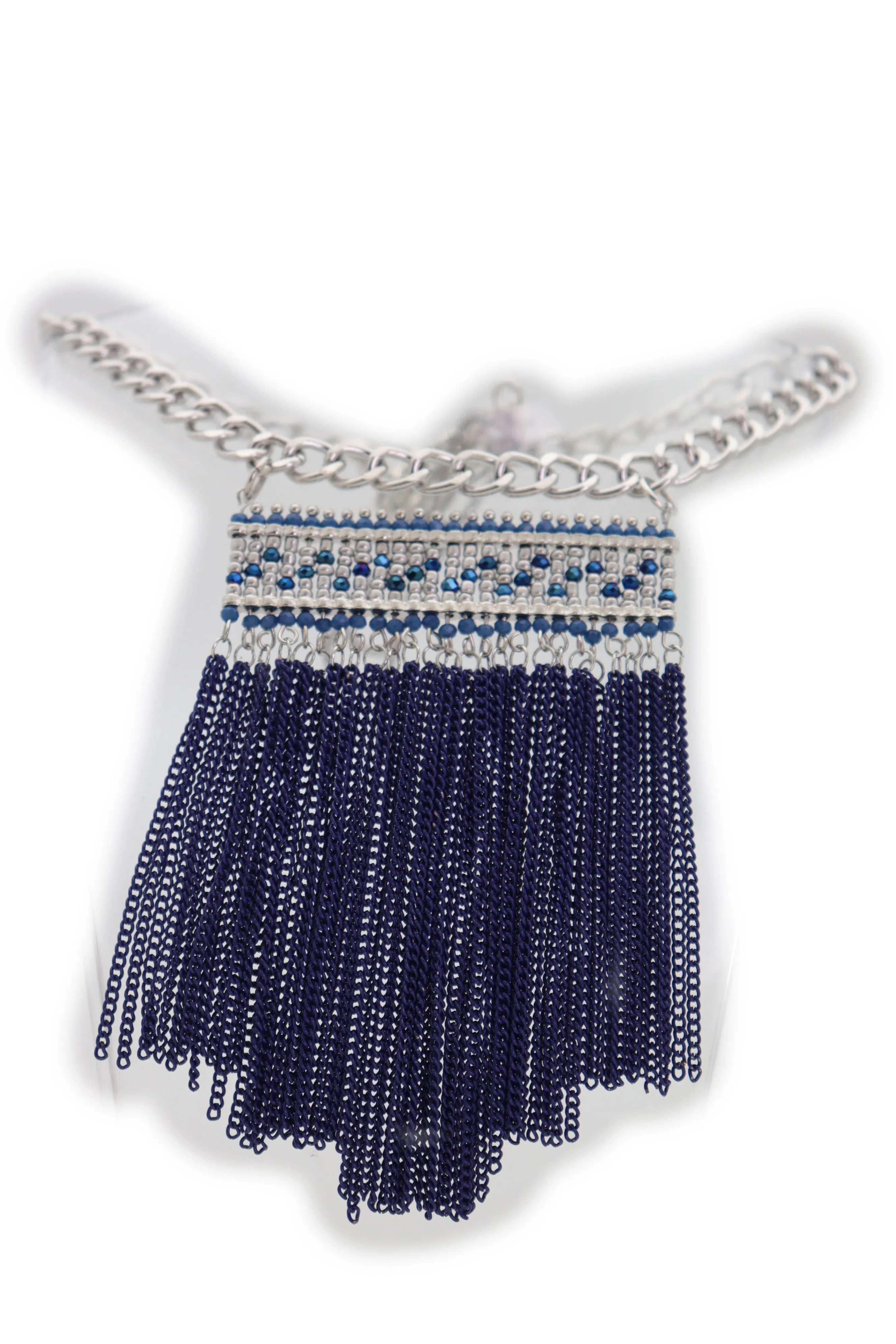 Silver Metal Chain Boot Bracelet Shoe Blue Tassel Beads Ethnic Charm Bling