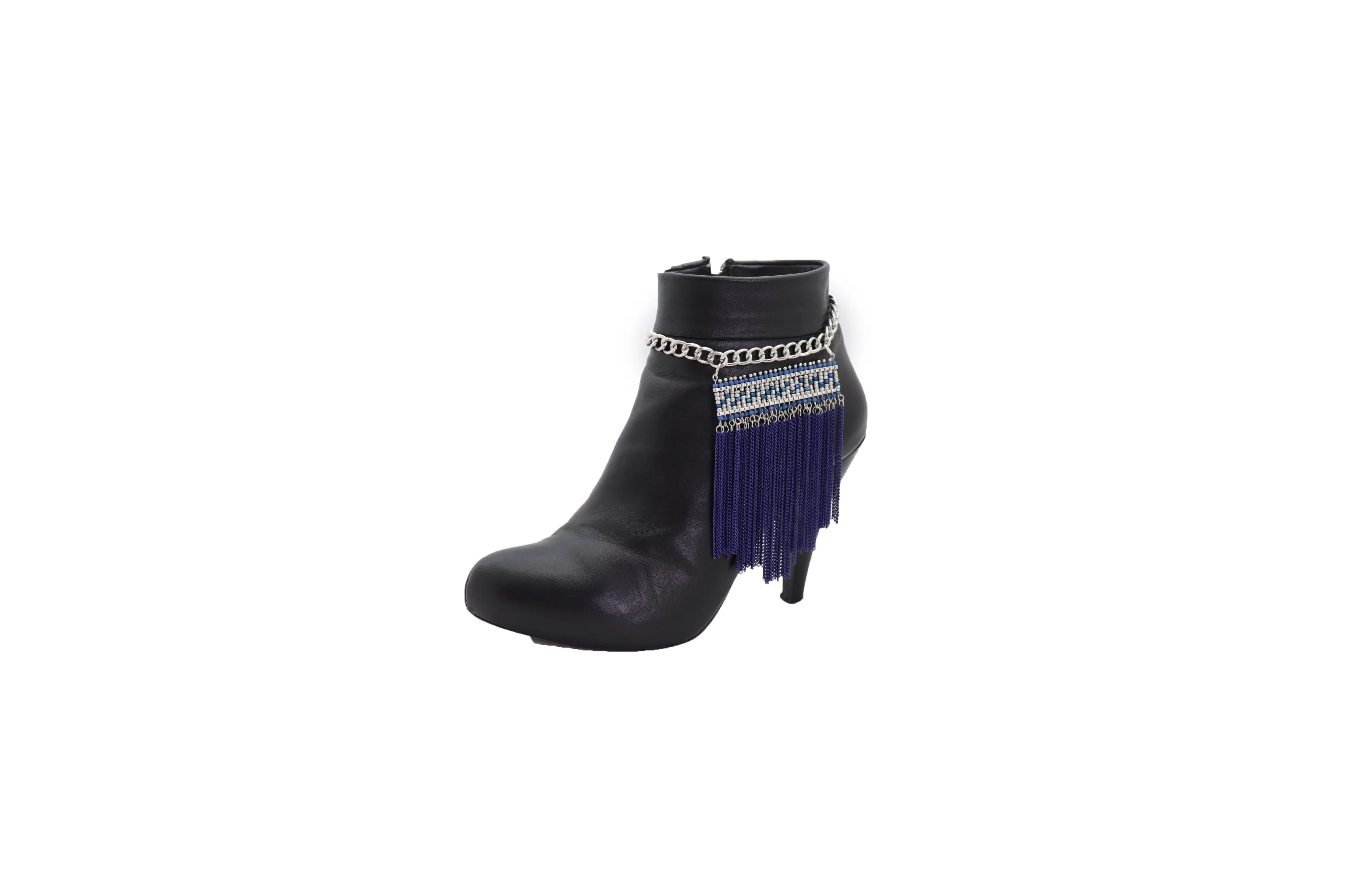Silver Metal Chain Boot Bracelet Shoe Blue Tassel Beads Ethnic Charm Bling