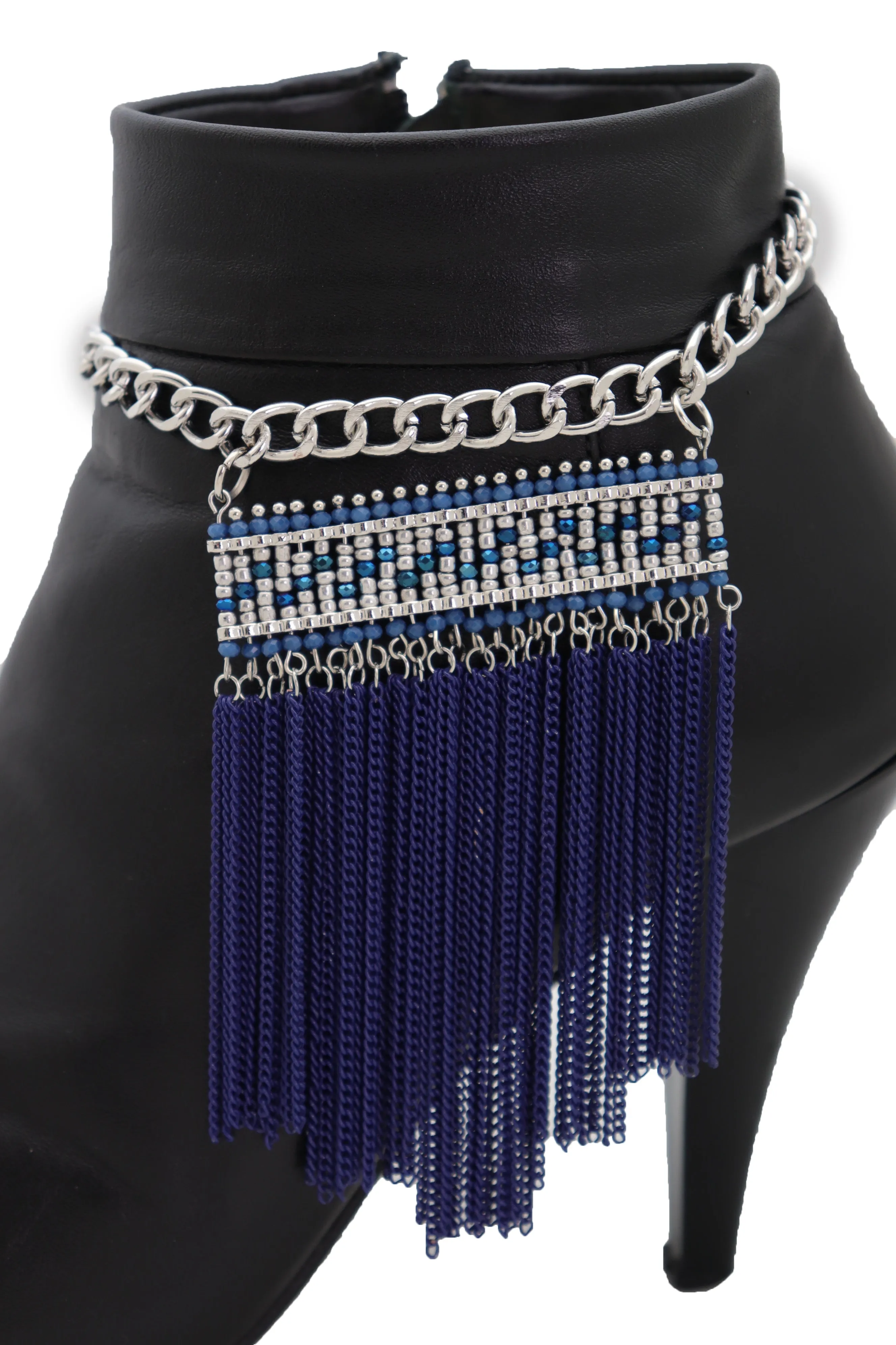 Silver Metal Chain Boot Bracelet Shoe Blue Tassel Beads Ethnic Charm Bling