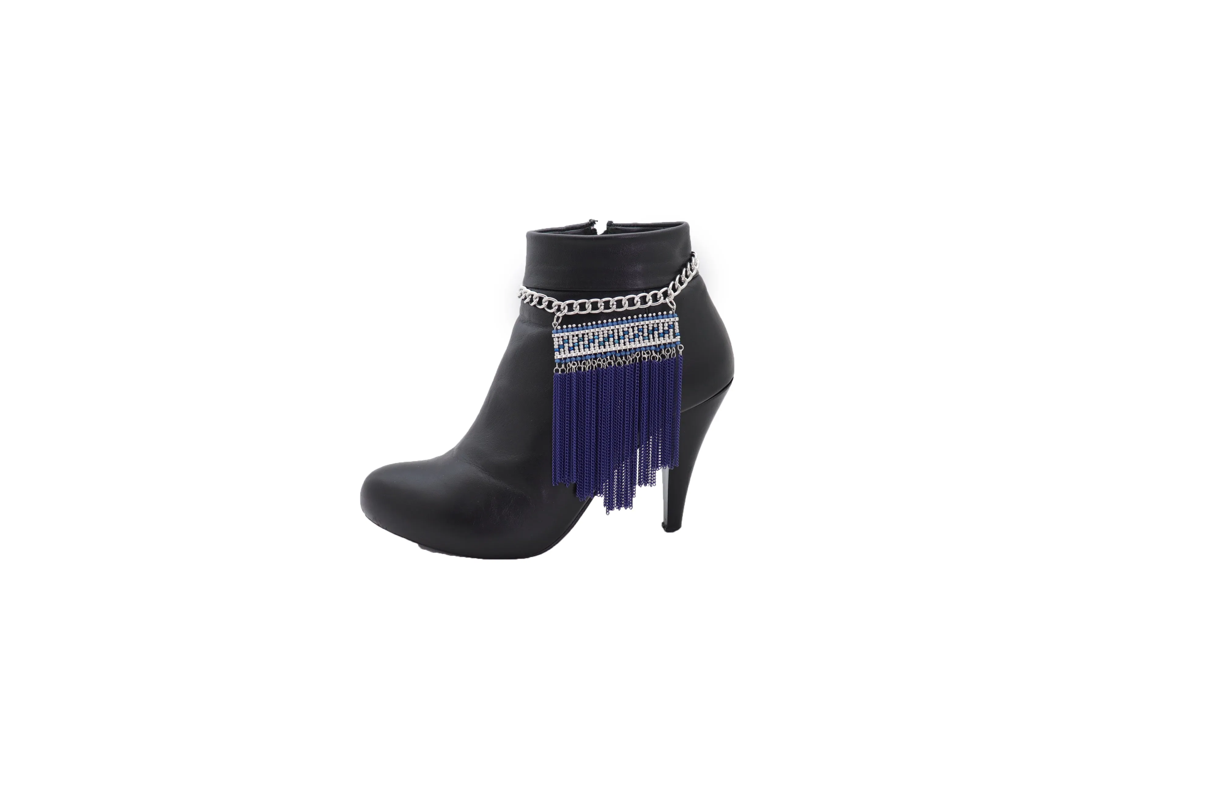 Silver Metal Chain Boot Bracelet Shoe Blue Tassel Beads Ethnic Charm Bling
