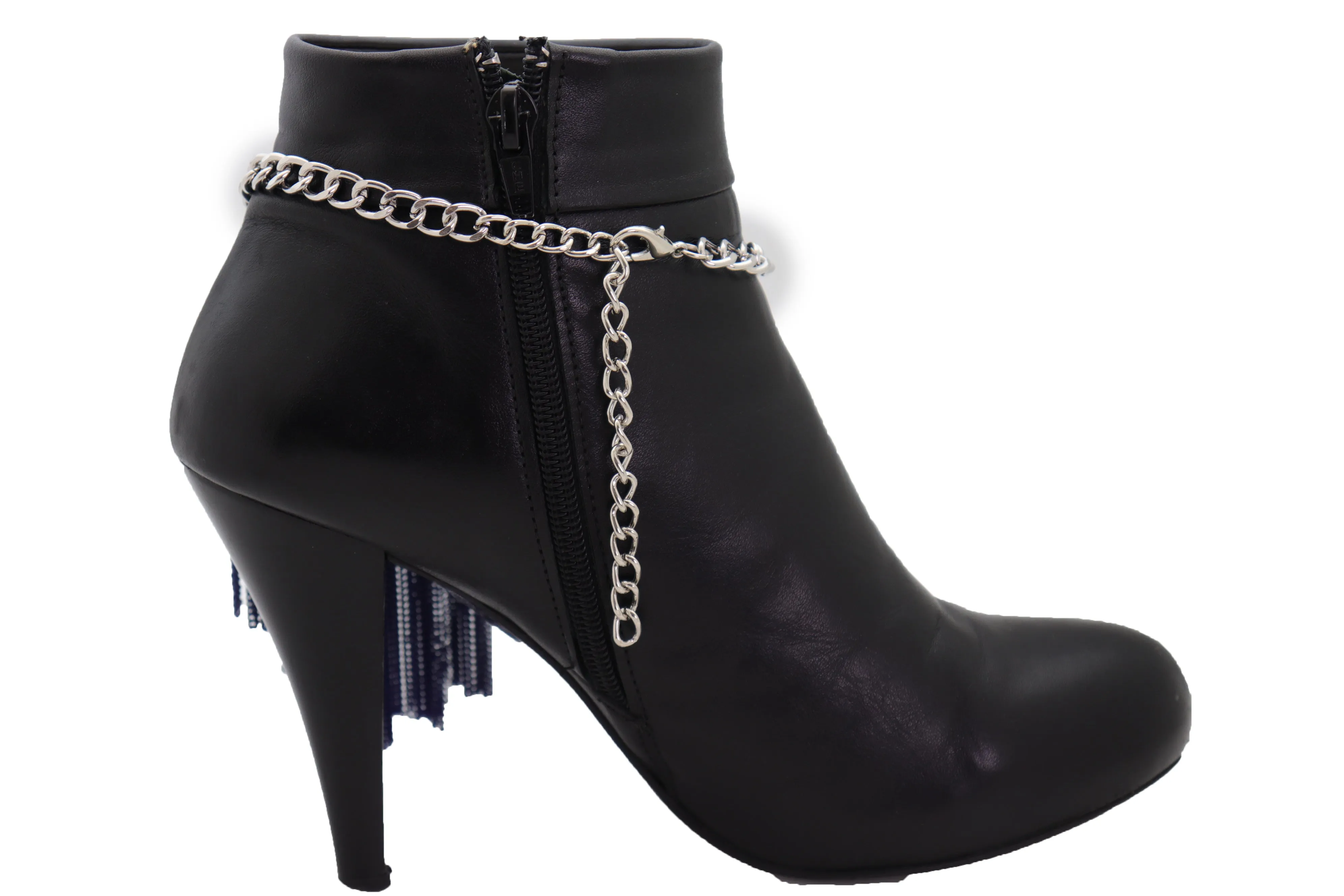 Silver Metal Chain Boot Bracelet Shoe Blue Tassel Beads Ethnic Charm Bling