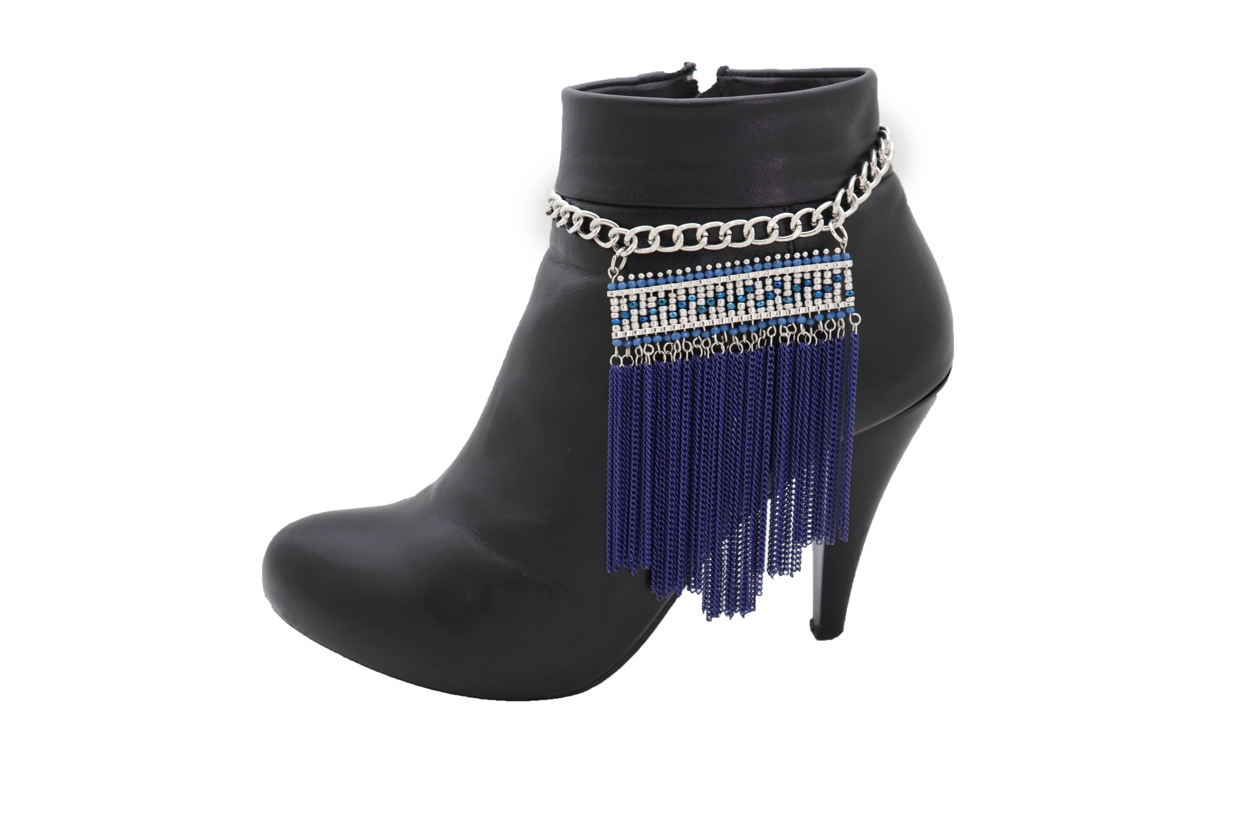Silver Metal Chain Boot Bracelet Shoe Blue Tassel Beads Ethnic Charm Bling