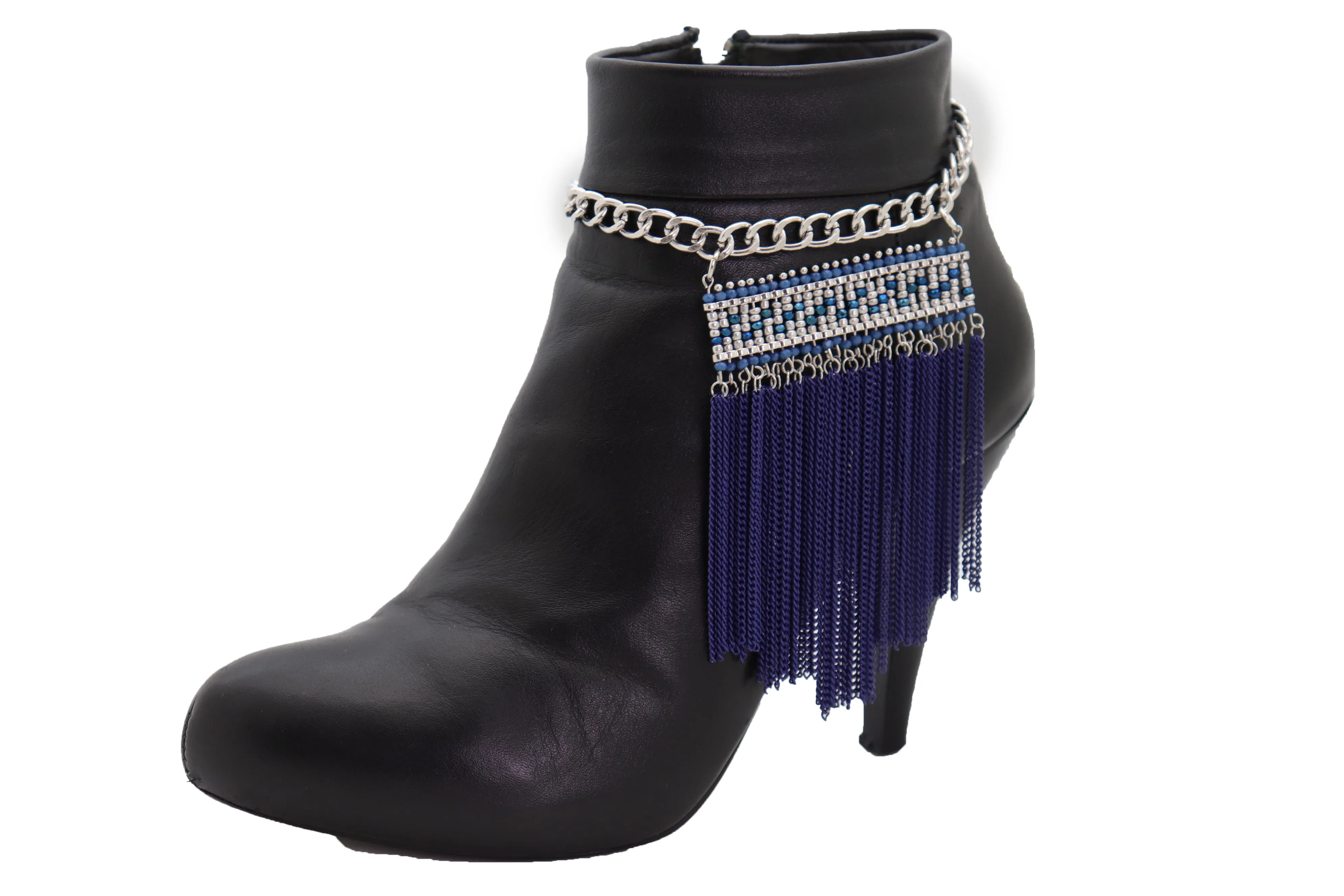 Silver Metal Chain Boot Bracelet Shoe Blue Tassel Beads Ethnic Charm Bling