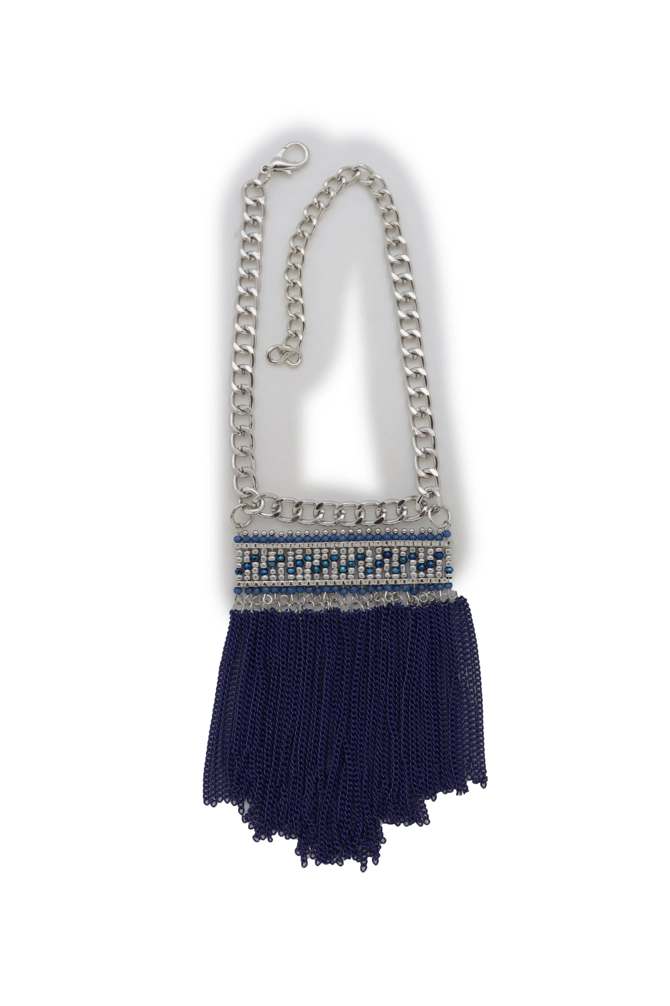 Silver Metal Chain Boot Bracelet Shoe Blue Tassel Beads Ethnic Charm Bling