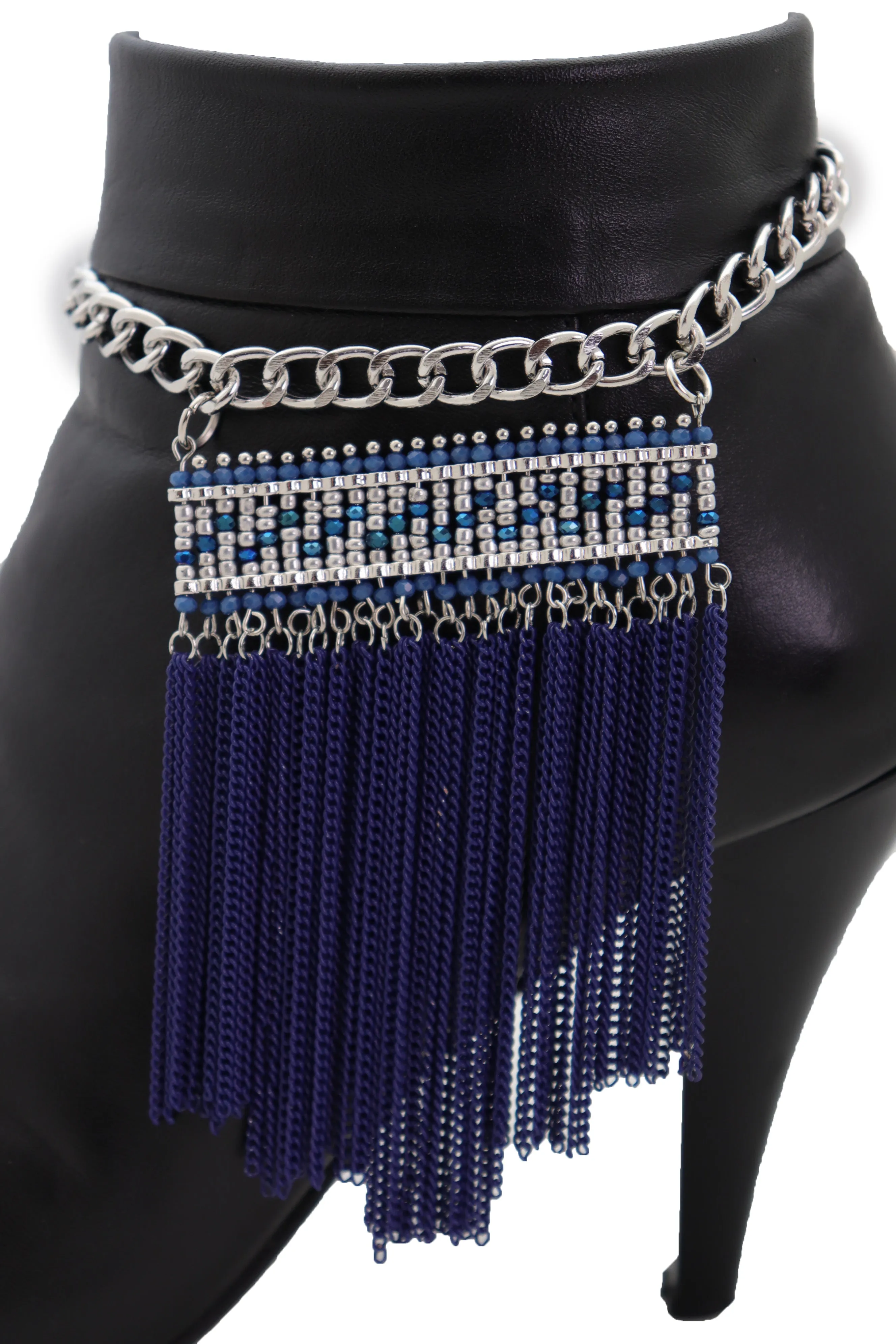 Silver Metal Chain Boot Bracelet Shoe Blue Tassel Beads Ethnic Charm Bling