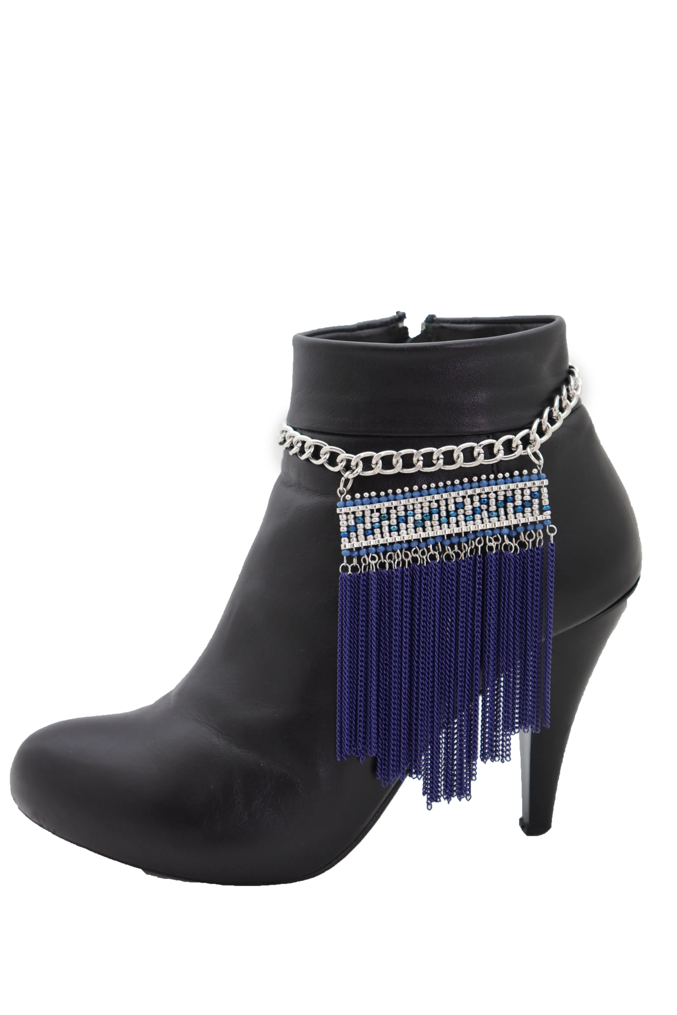 Silver Metal Chain Boot Bracelet Shoe Blue Tassel Beads Ethnic Charm Bling