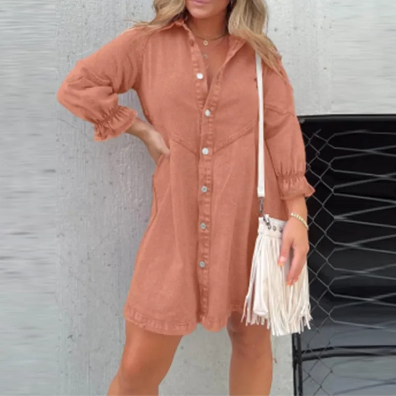 Single-Breasted Denim Mini Shirt Dress  Long Sleeve Denim Dress A-Line Mini Shirt Dress
