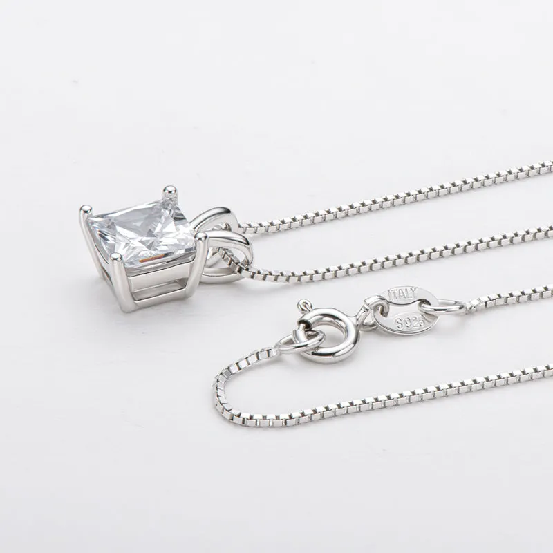 Sterling silver Princess Cut Created White Diamond Pendant Necklace