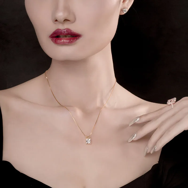 Sterling silver Princess Cut Created White Diamond Pendant Necklace