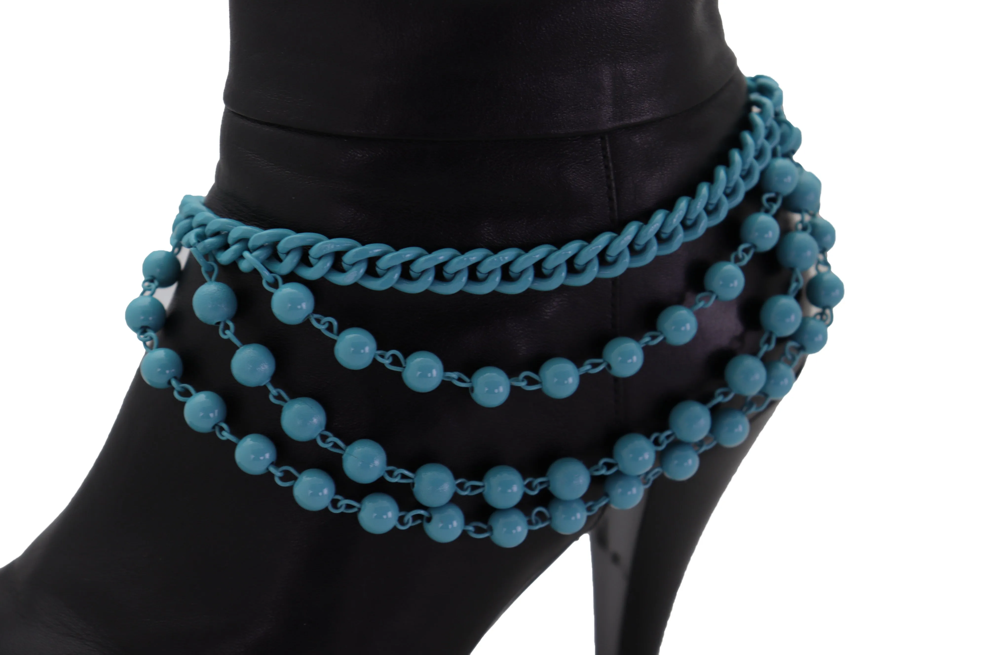 Turquoise Baby Blue Metal Boot Chain Bracelet Shoe Anklet Ball Waves Charm