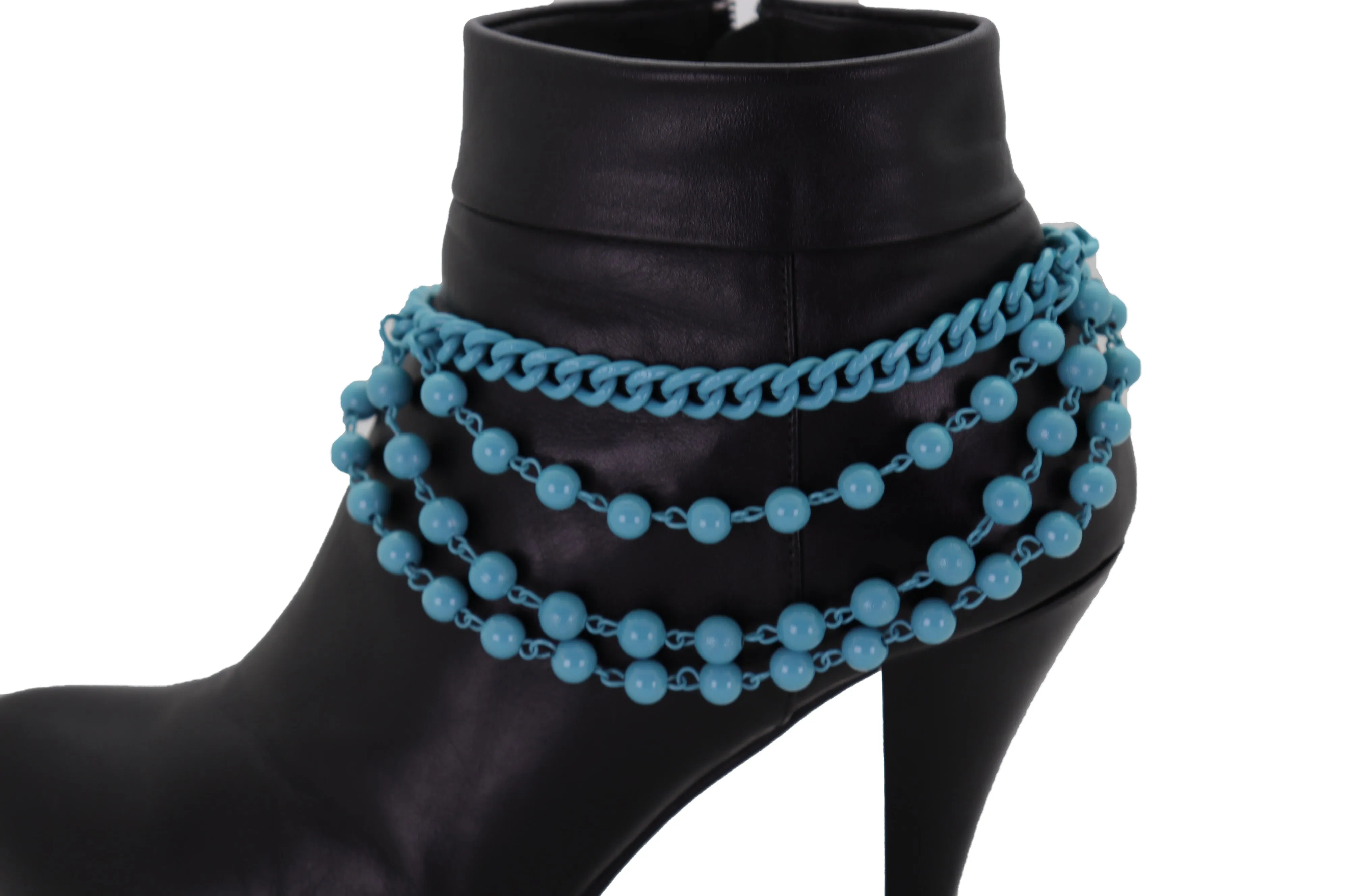 Turquoise Baby Blue Metal Boot Chain Bracelet Shoe Anklet Ball Waves Charm