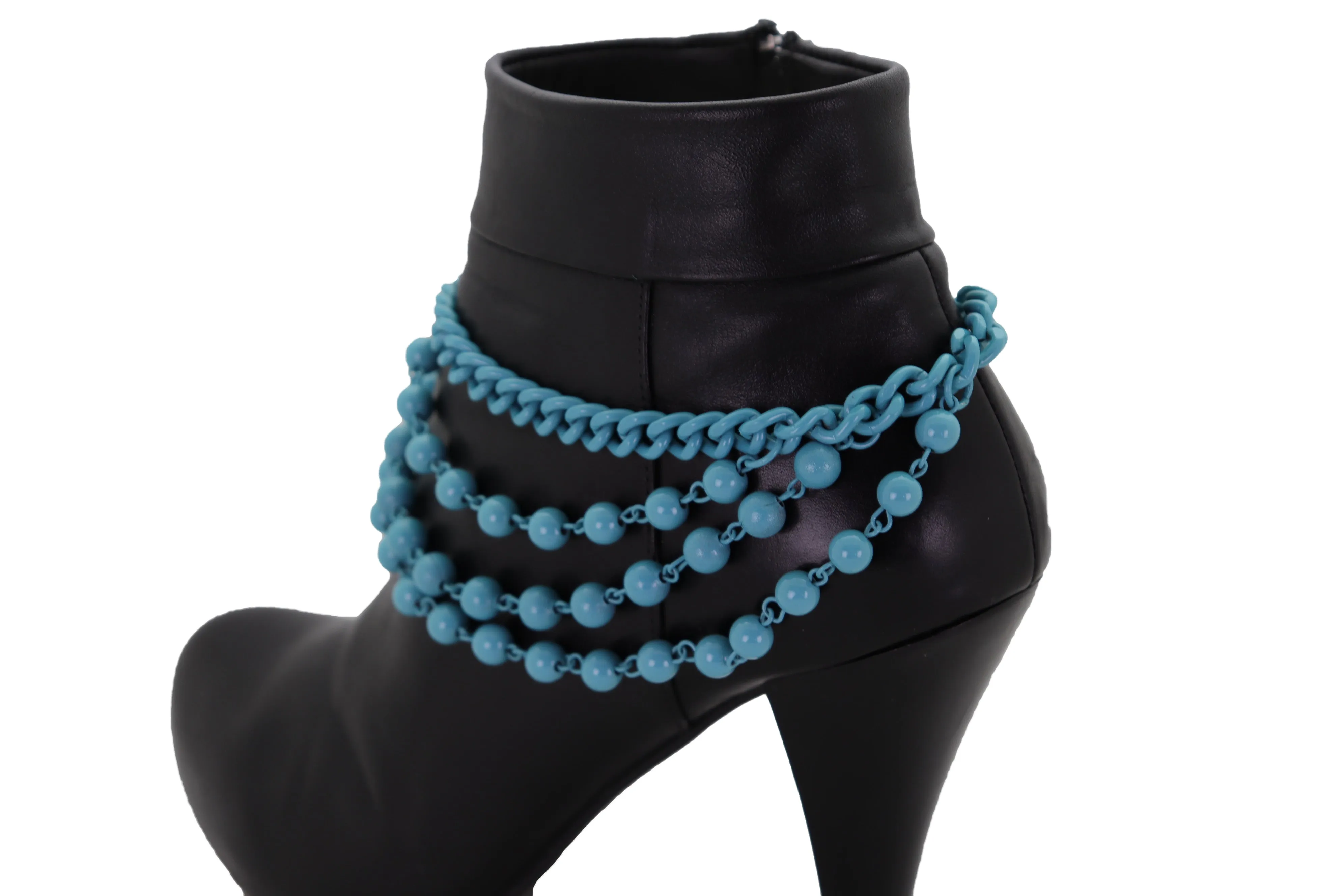 Turquoise Baby Blue Metal Boot Chain Bracelet Shoe Anklet Ball Waves Charm