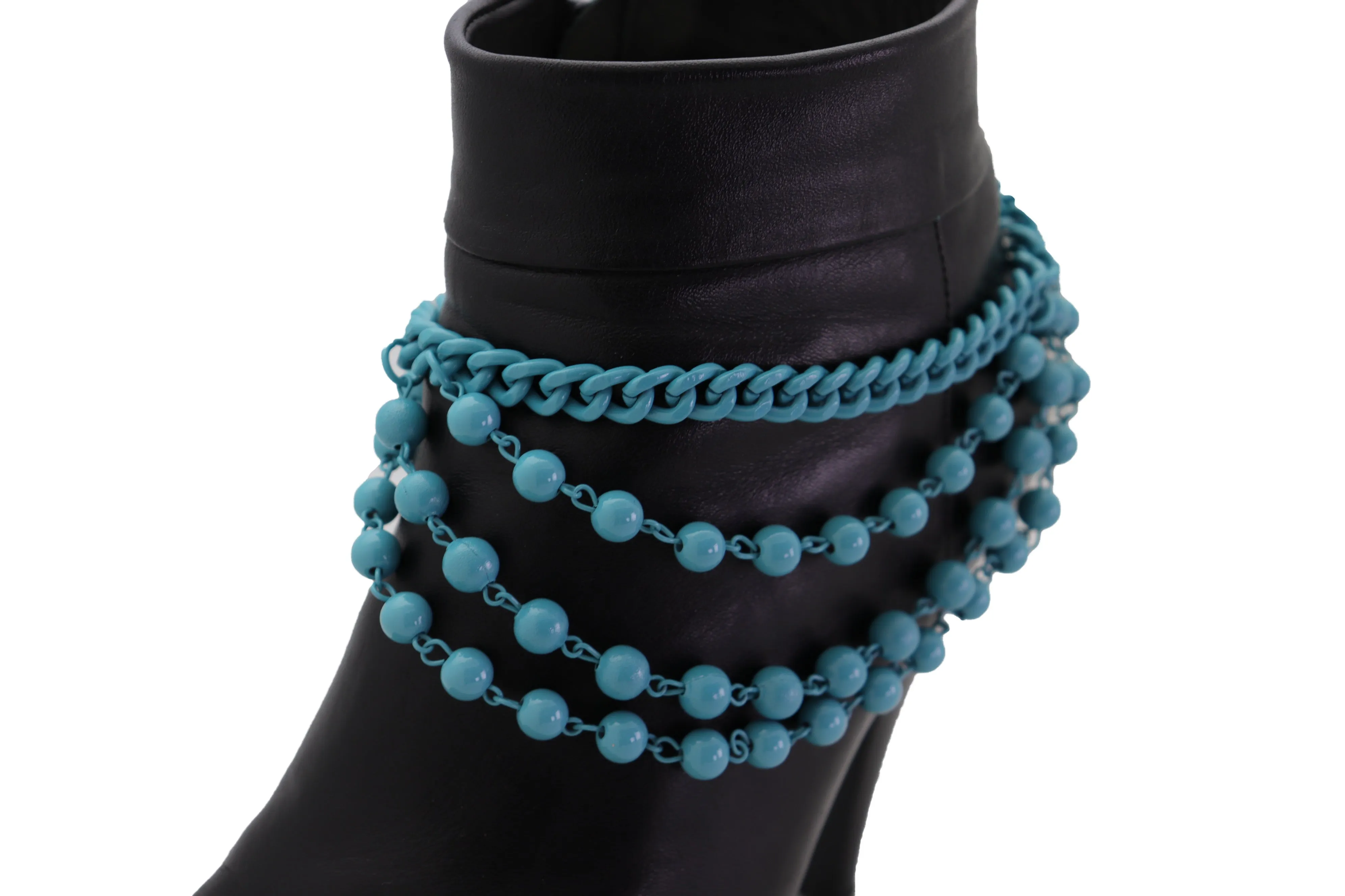 Turquoise Baby Blue Metal Boot Chain Bracelet Shoe Anklet Ball Waves Charm