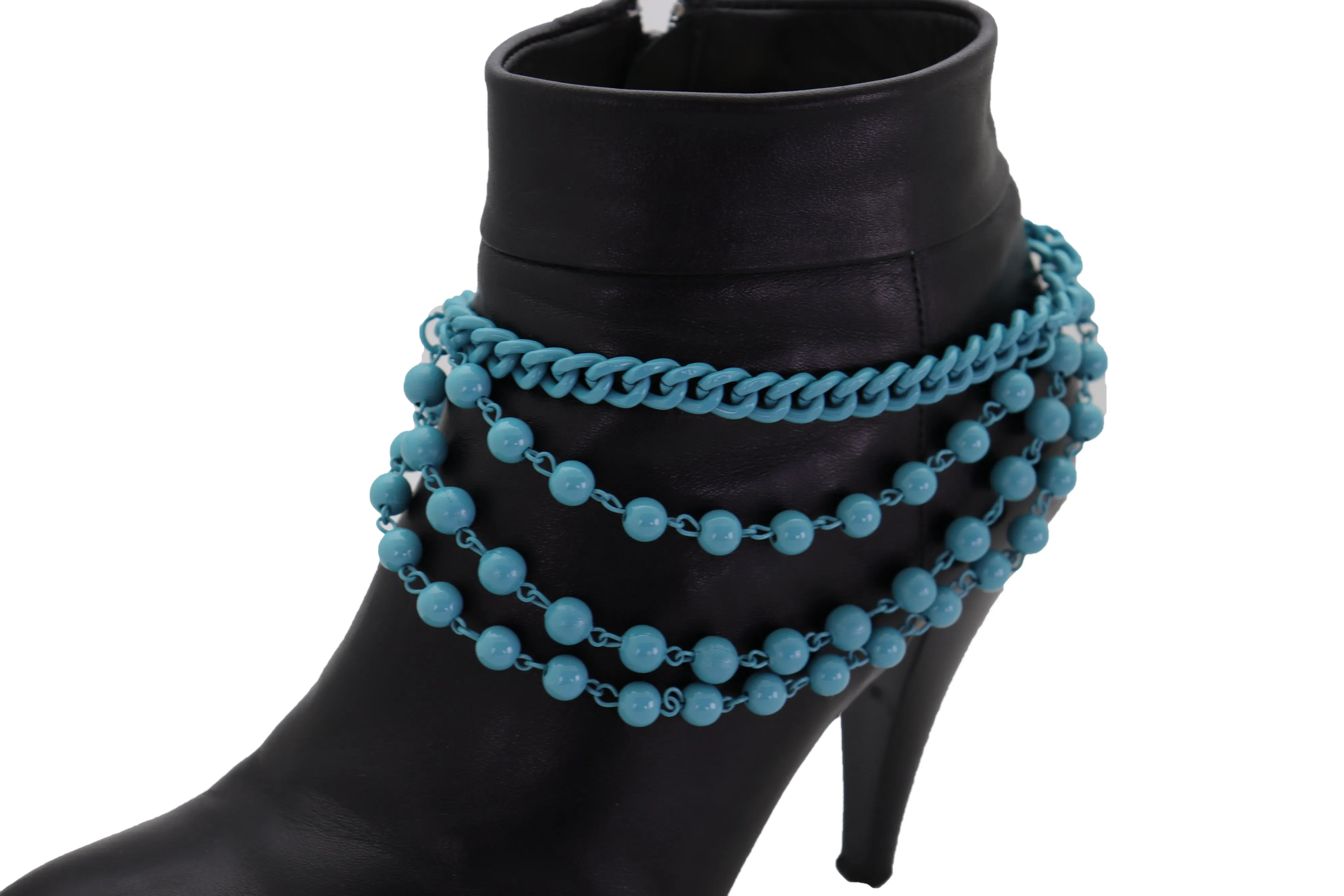 Turquoise Baby Blue Metal Boot Chain Bracelet Shoe Anklet Ball Waves Charm