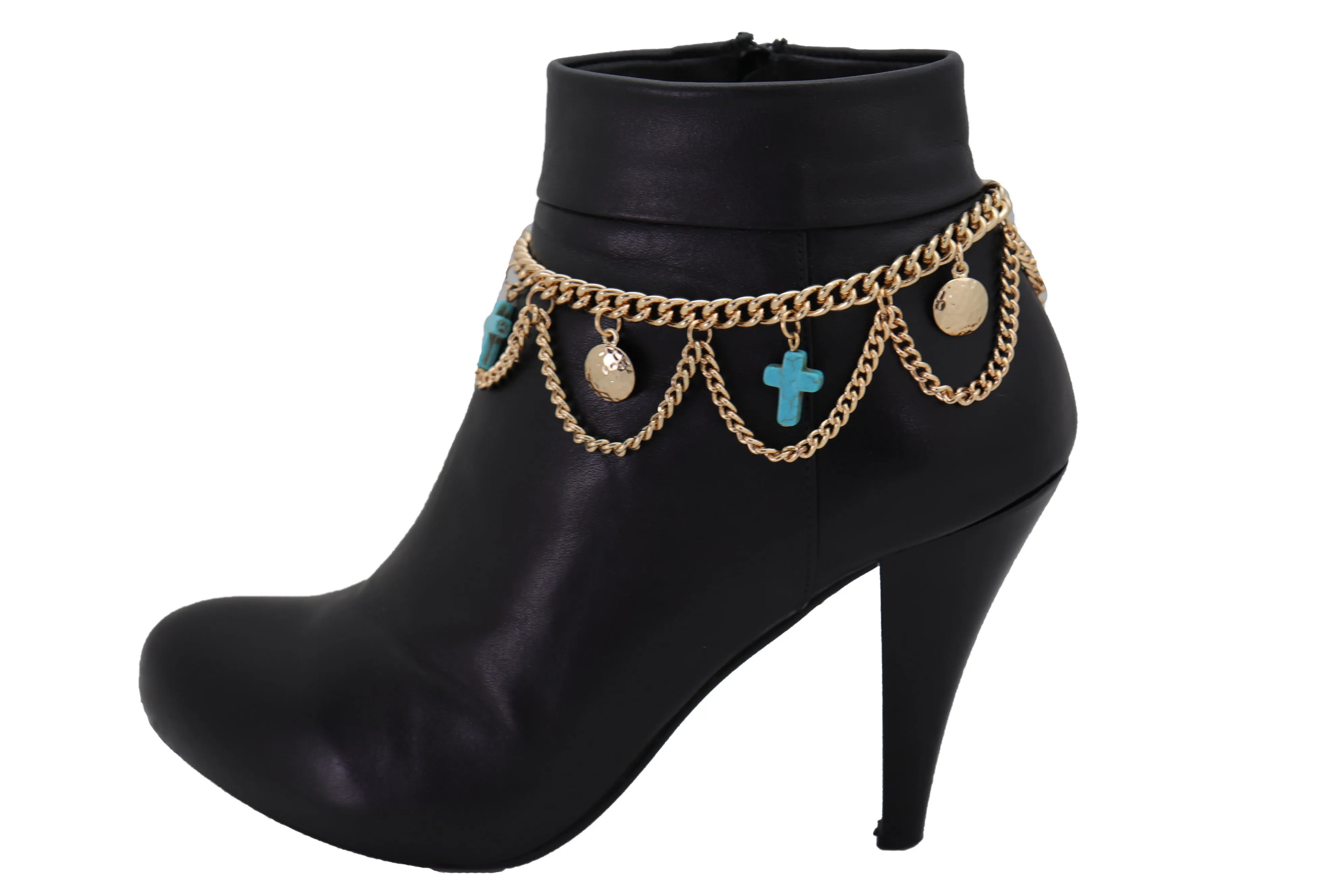 Turquoise Cross Charms Multi Wave Metal Boot Chain