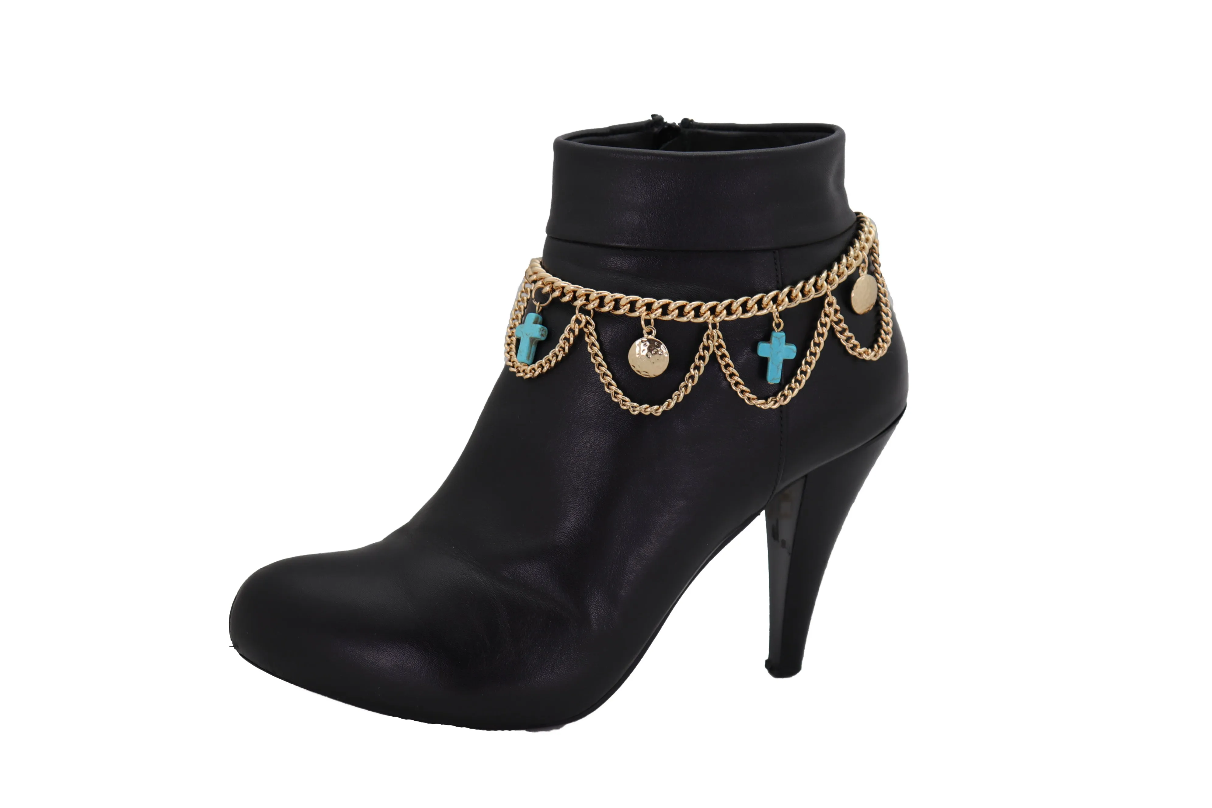 Turquoise Cross Charms Multi Wave Metal Boot Chain