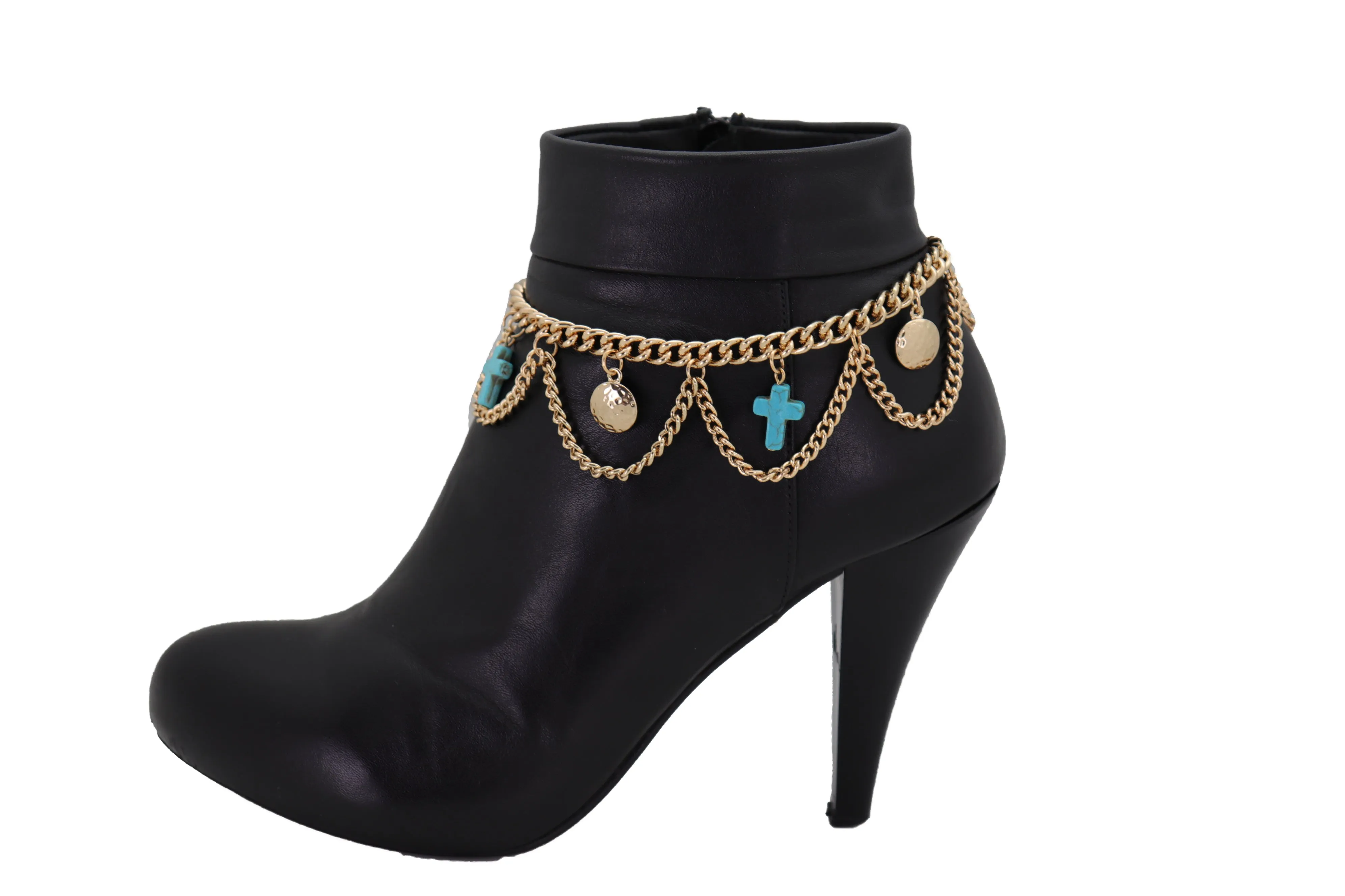 Turquoise Cross Charms Multi Wave Metal Boot Chain