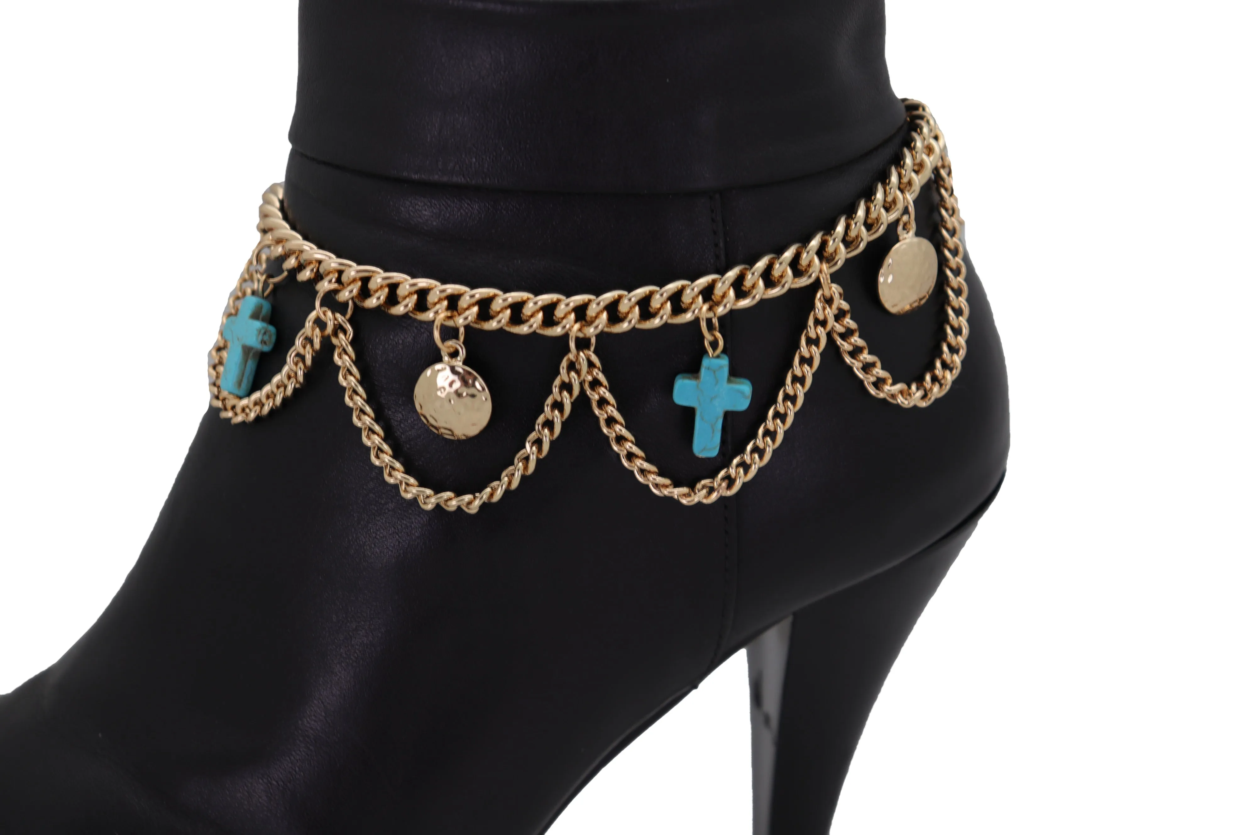 Turquoise Cross Charms Multi Wave Metal Boot Chain