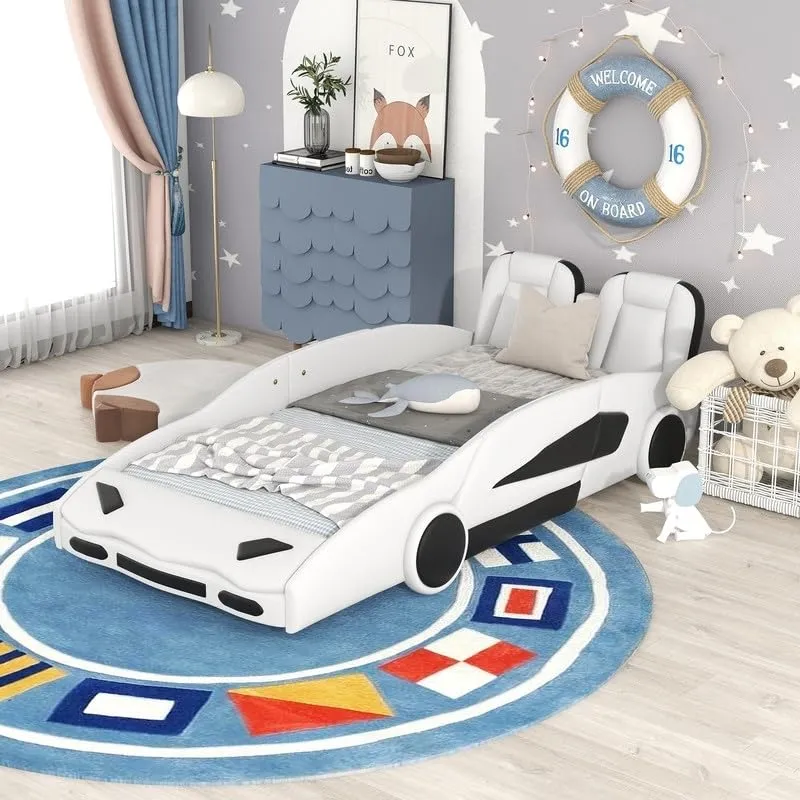 Twin Size Cool Design Race Car-Shaped Platform Bed with Wheels Two