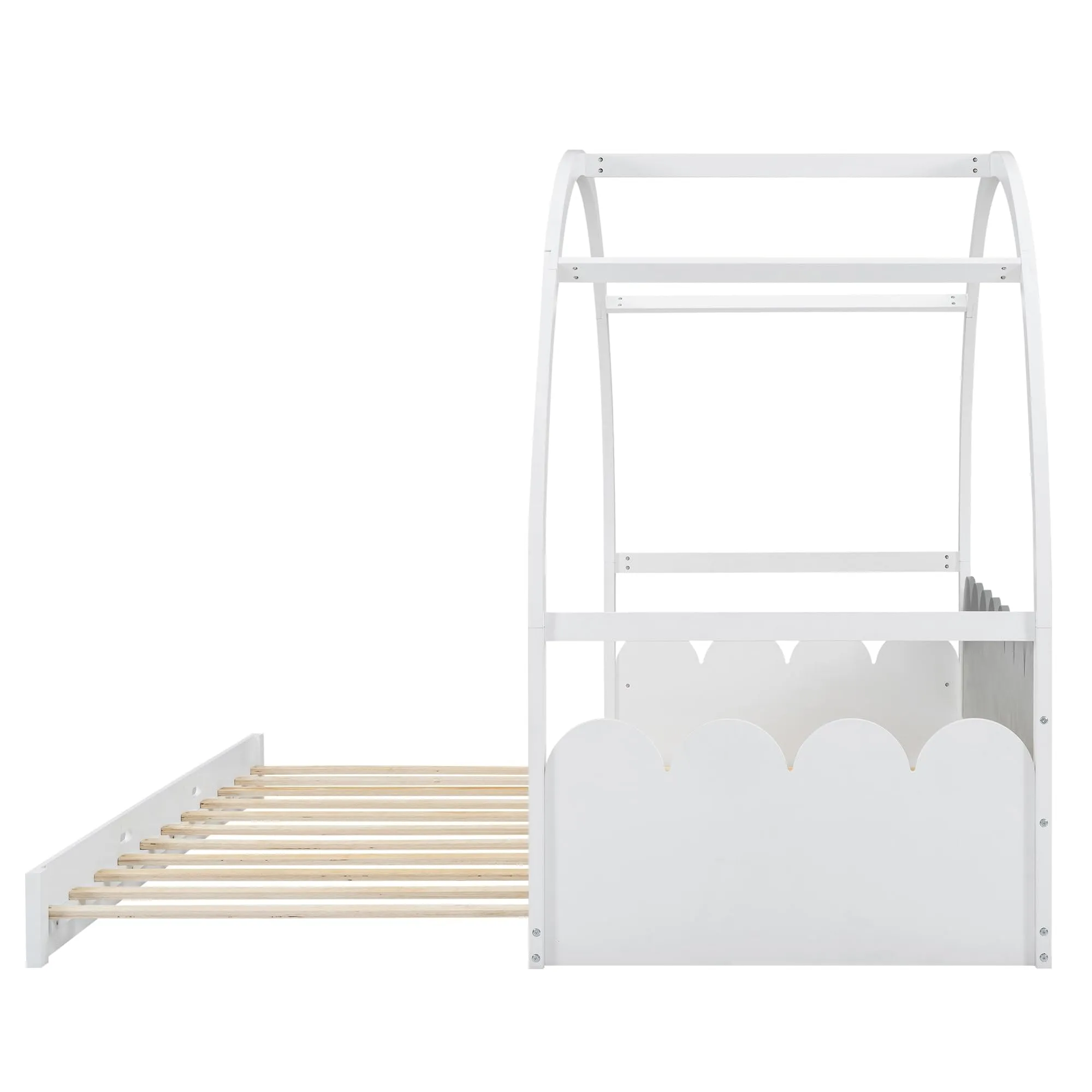 Twin Size Pine Wood Frame Platform Bed with Stretchable Vaulted Roof