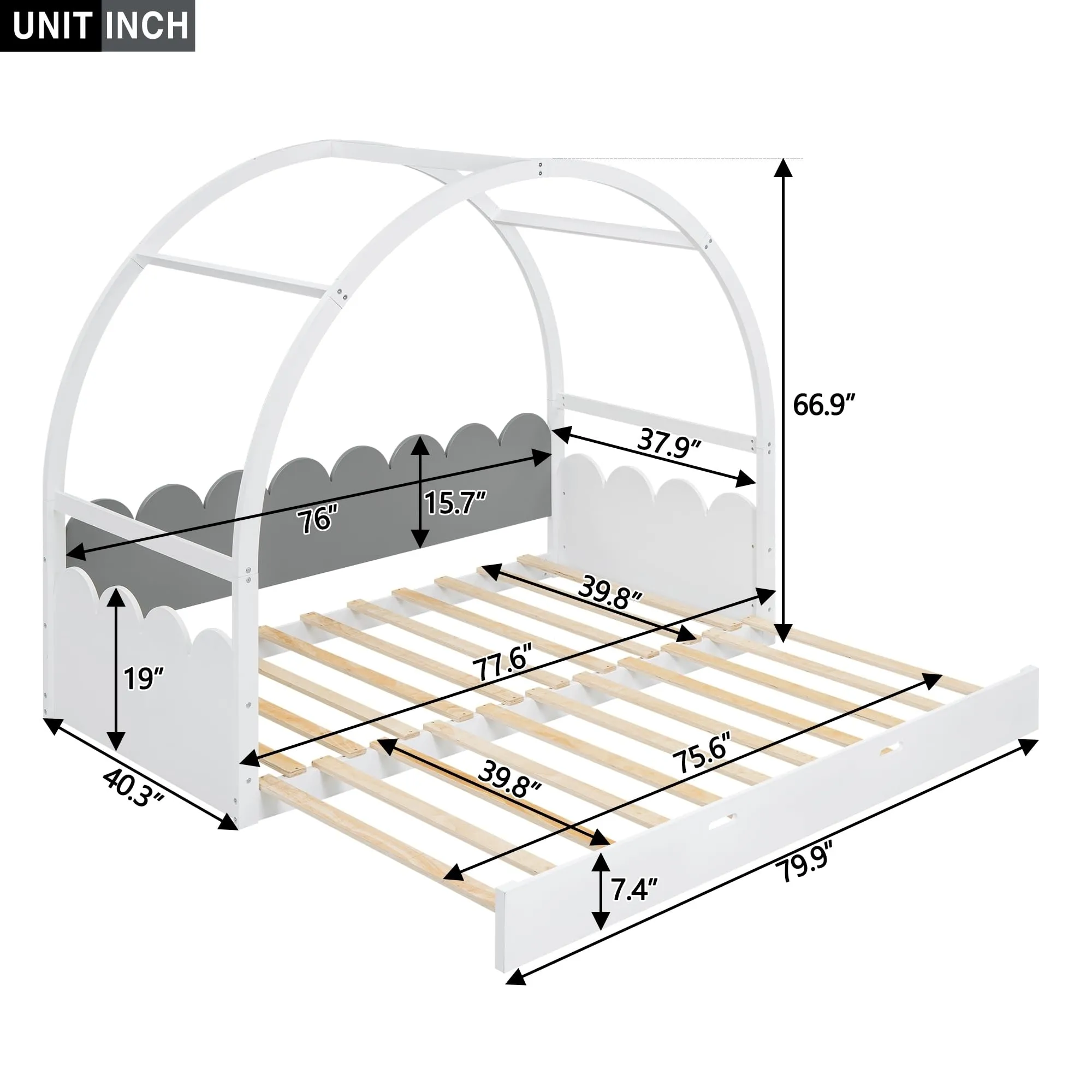 Twin Size Pine Wood Frame Platform Bed with Stretchable Vaulted Roof