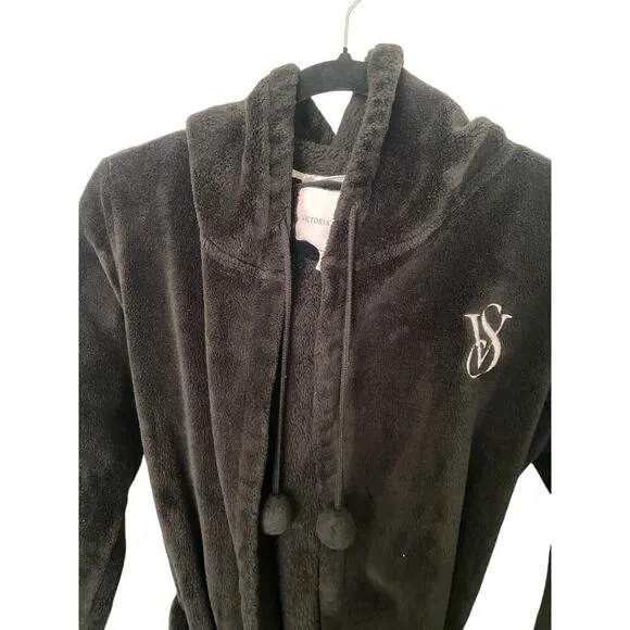 Victoria Secret Black Sherpa Cozy Hooded Robe with Belt Embroidered Logo XS