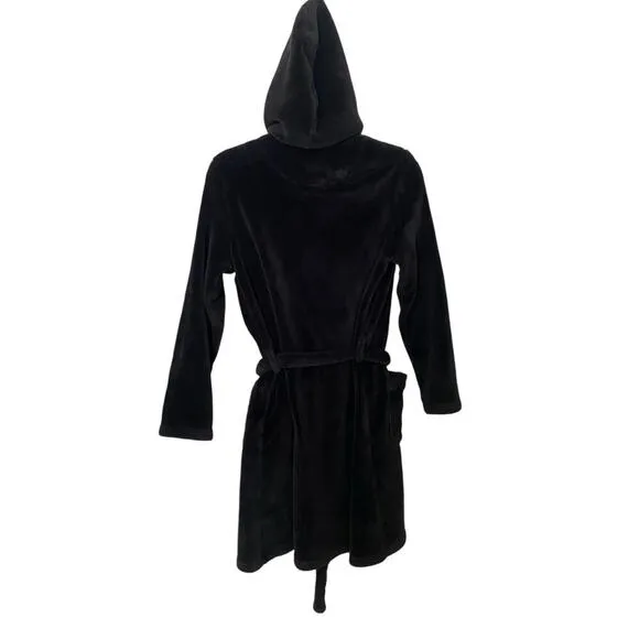 Victoria Secret Black Sherpa Cozy Hooded Robe with Belt Embroidered Logo XS