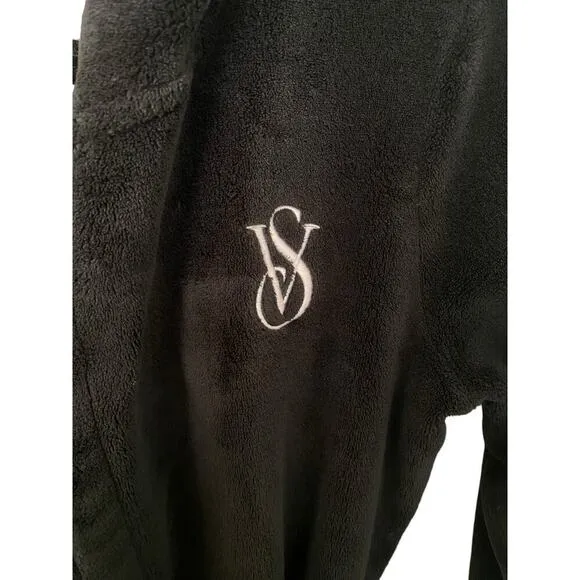 Victoria Secret Black Sherpa Cozy Hooded Robe with Belt Embroidered Logo XS