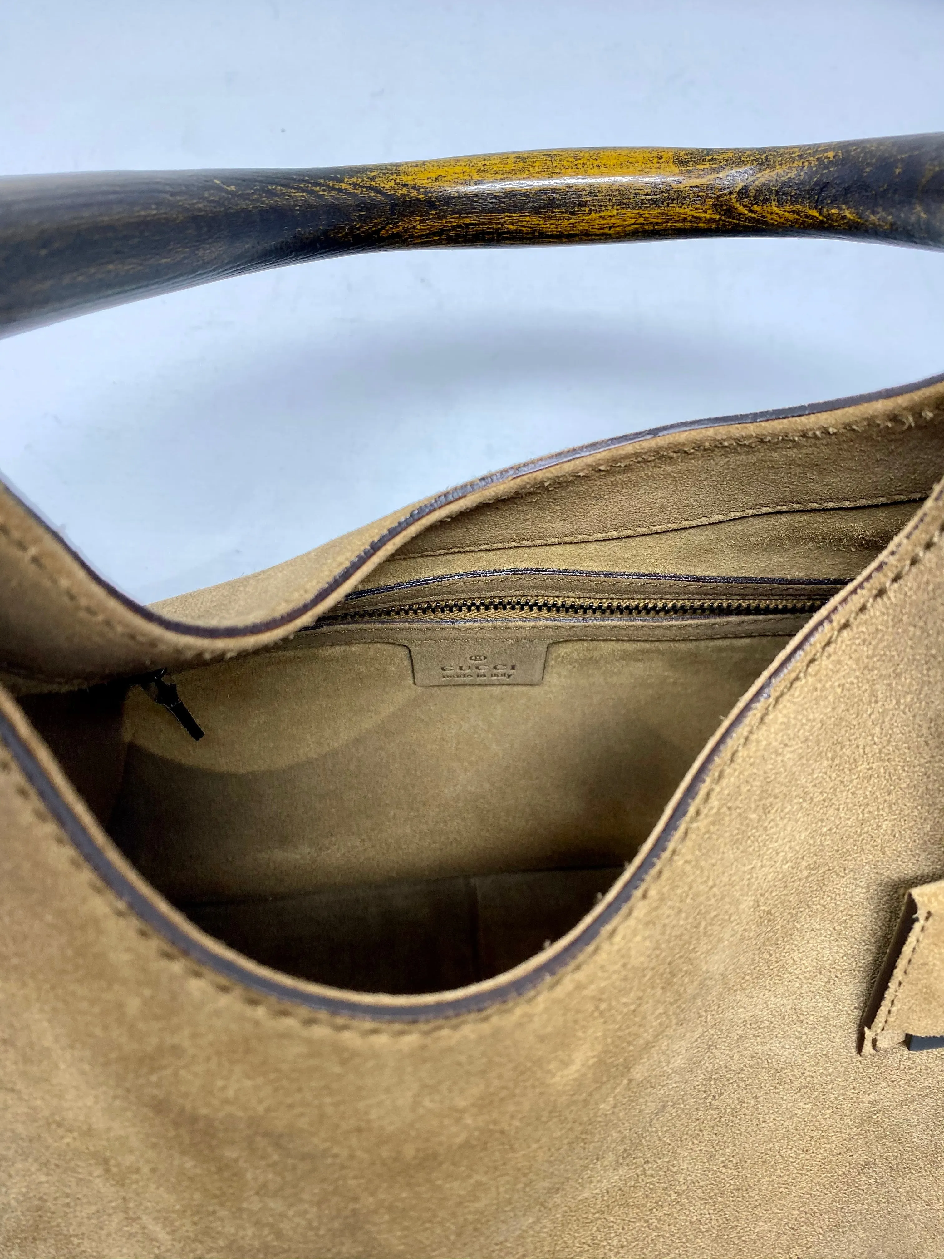 Vintage: Gucci suede Whip Stitch with wooden top handle bag