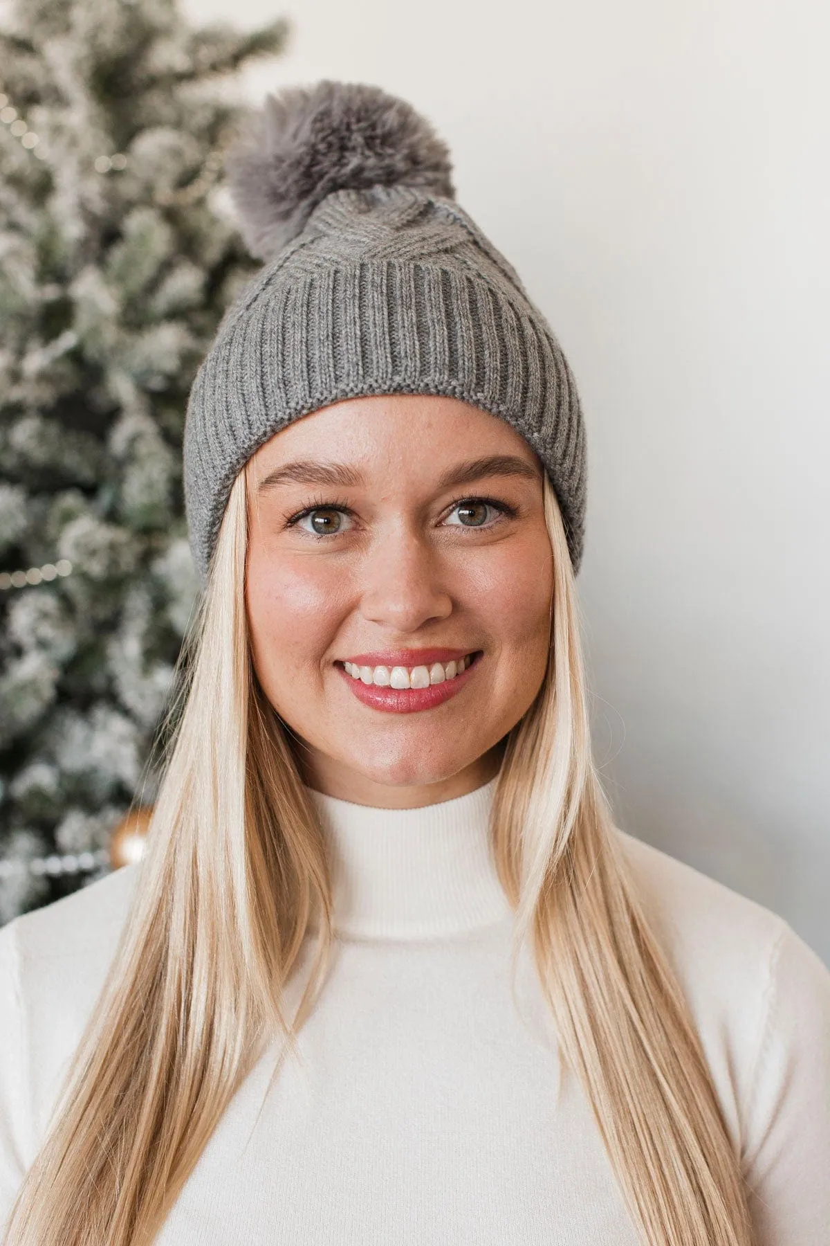 Warm & Bright Knit Pom Beanie- Grey