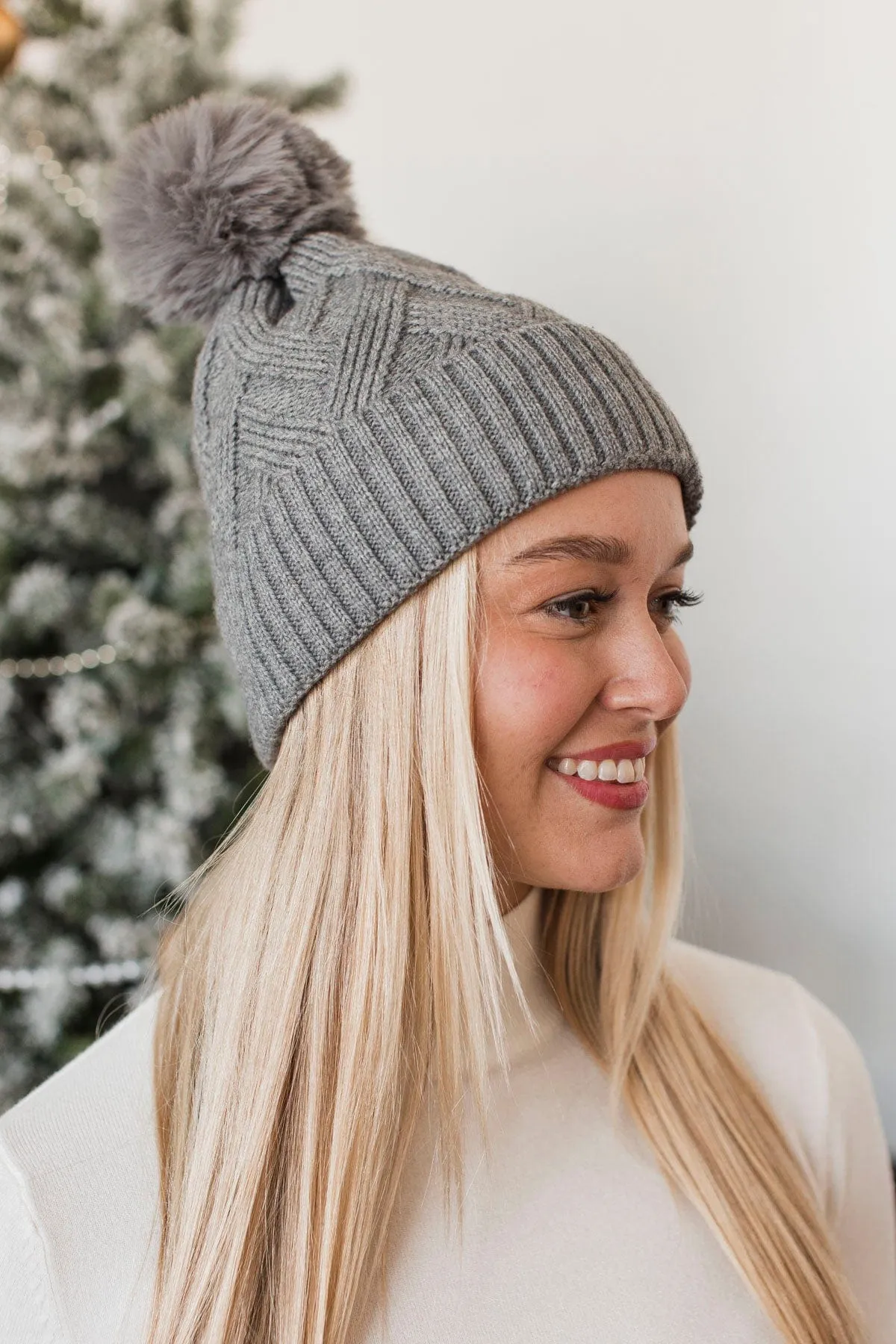 Warm & Bright Knit Pom Beanie- Grey