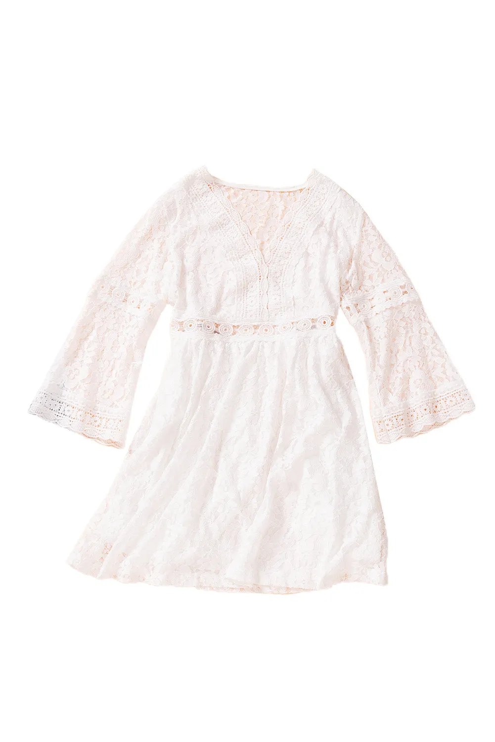 White Lace V Neck See-through Sleeve Mini Dress