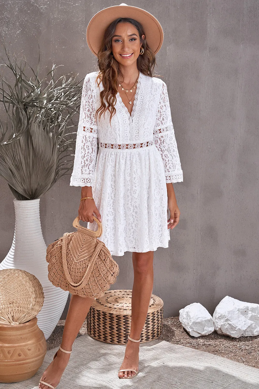 White Lace V Neck See-through Sleeve Mini Dress