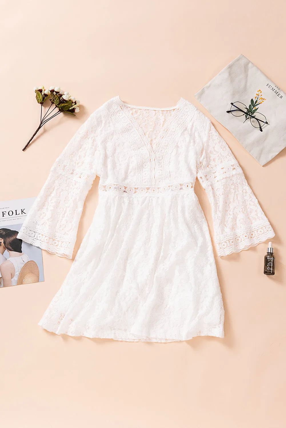 White Lace V Neck See-through Sleeve Mini Dress