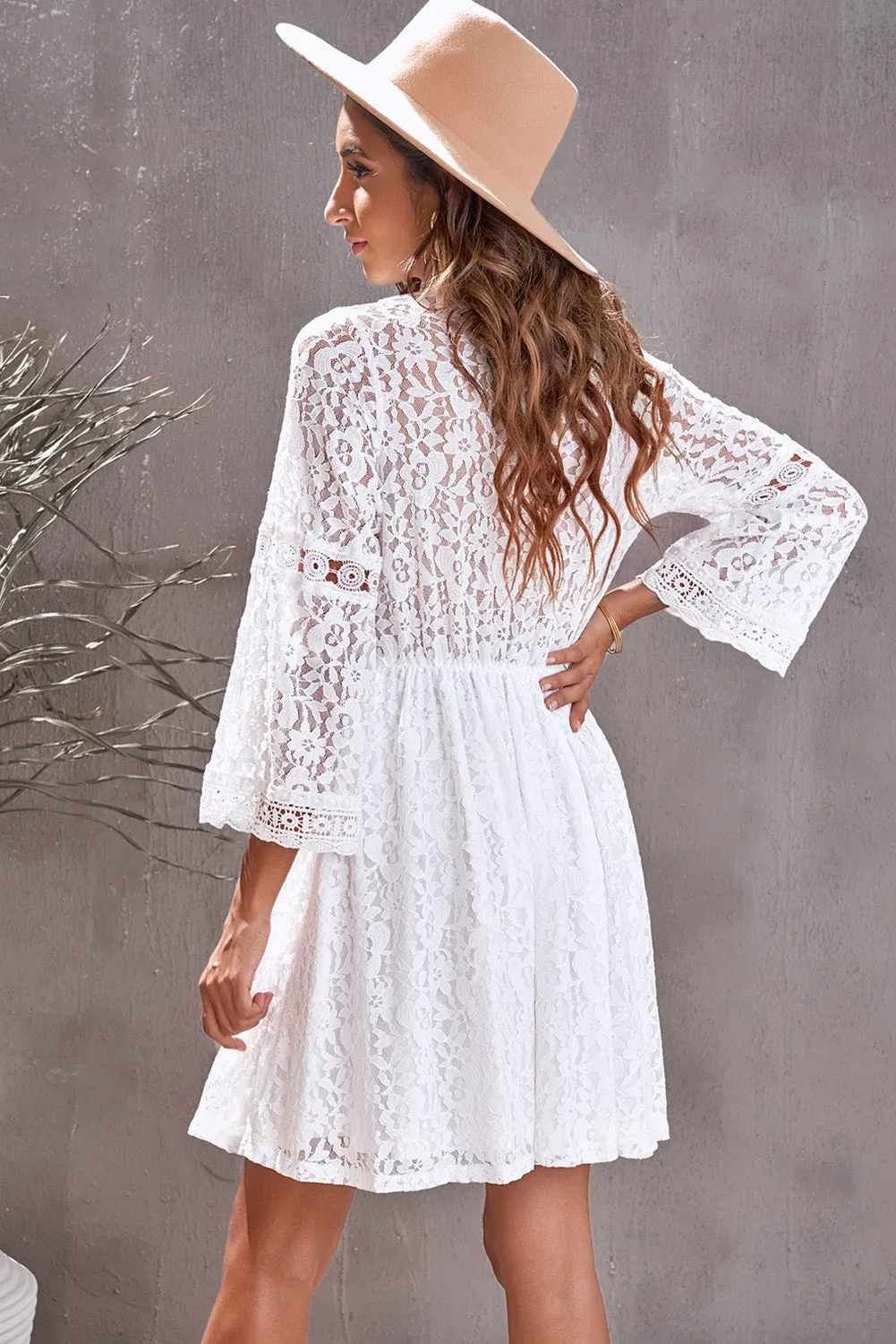 White Lace V Neck See-through Sleeve Mini Dress