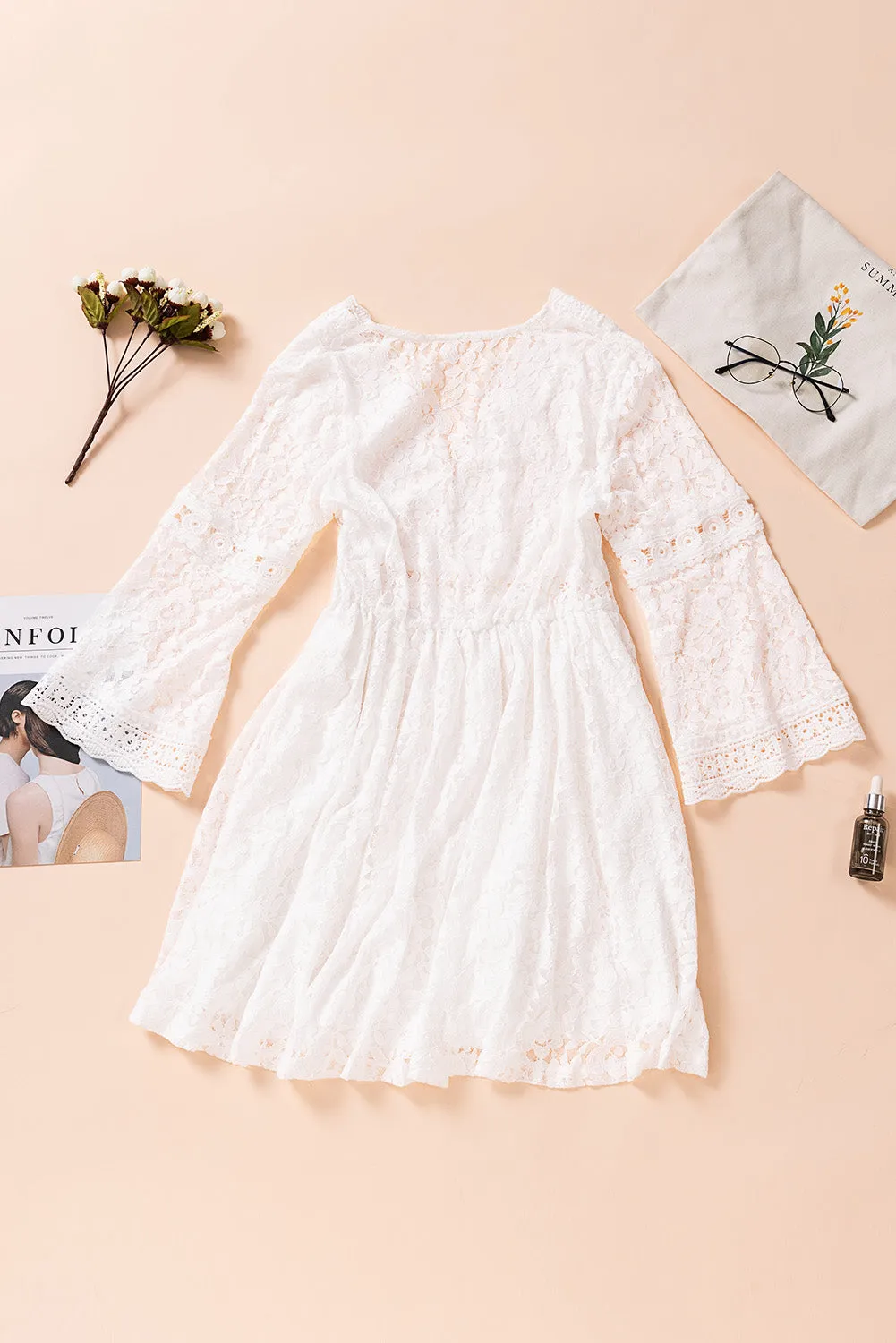 White Lace V Neck See-through Sleeve Mini Dress