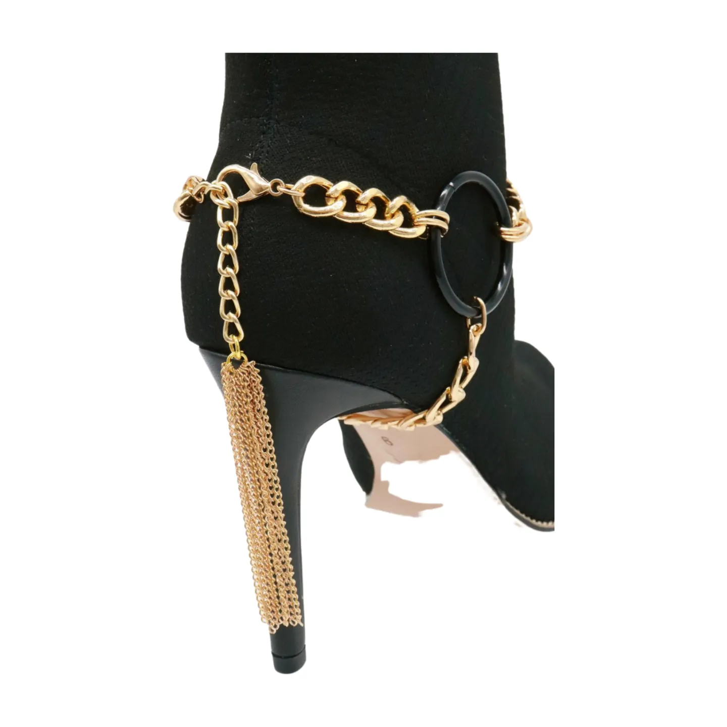 Women Gold Metal Chain Boot Bracelet Shoe Black Circle Charm Tassel