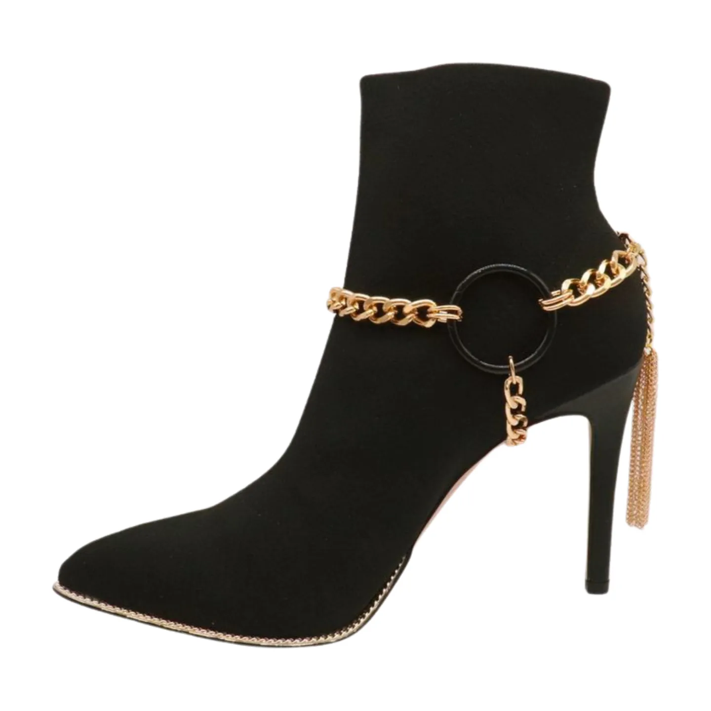 Women Gold Metal Chain Boot Bracelet Shoe Black Circle Charm Tassel