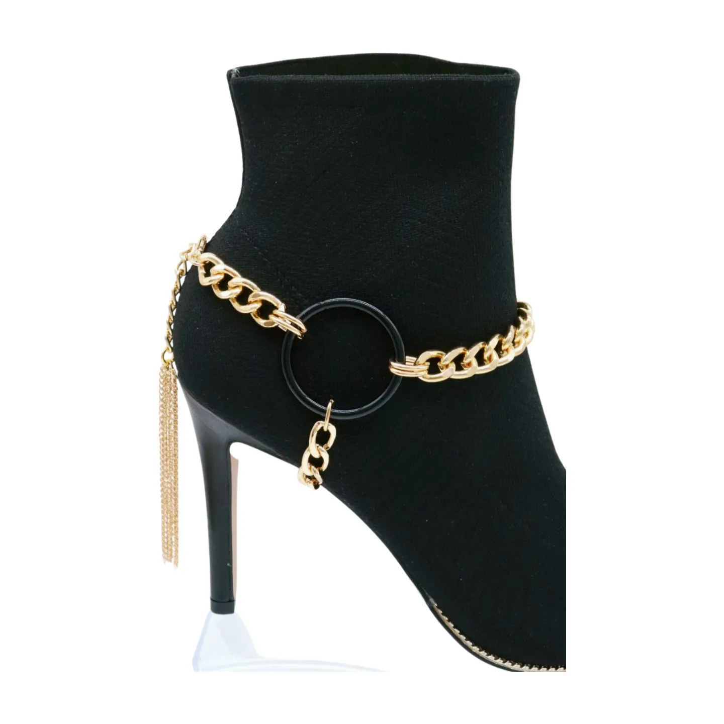 Women Gold Metal Chain Boot Bracelet Shoe Black Circle Charm Tassel