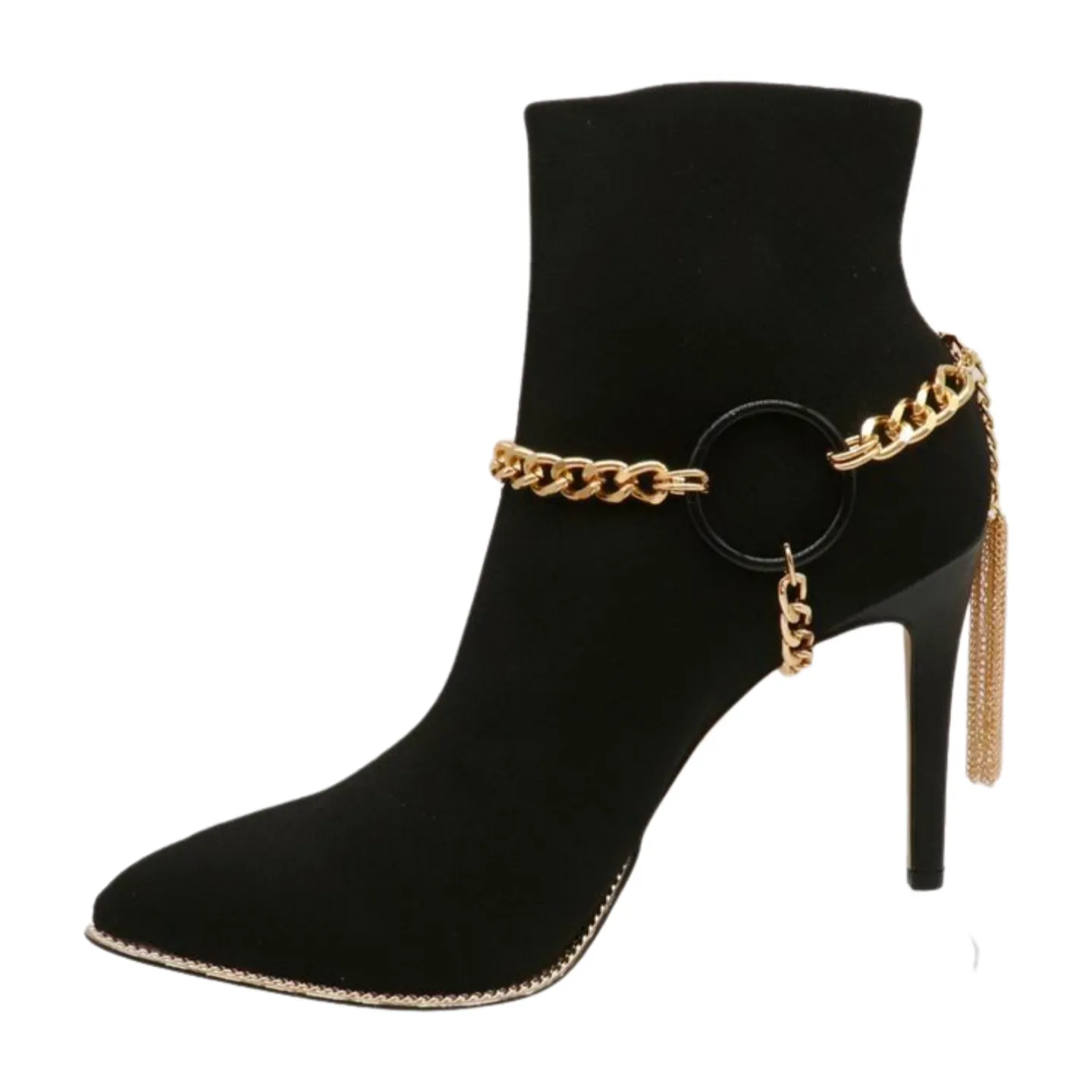 Women Gold Metal Chain Boot Bracelet Shoe Black Circle Charm Tassel