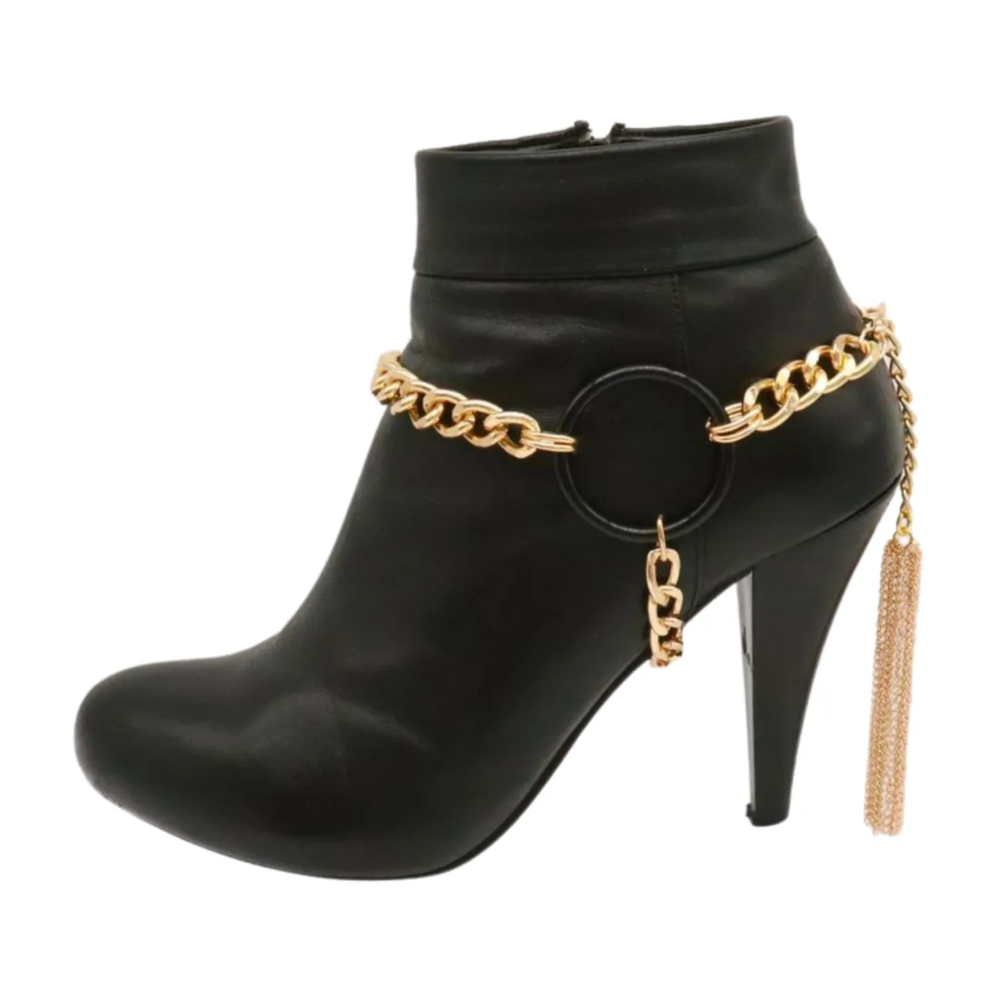 Women Gold Metal Chain Boot Bracelet Shoe Black Circle Charm Tassel