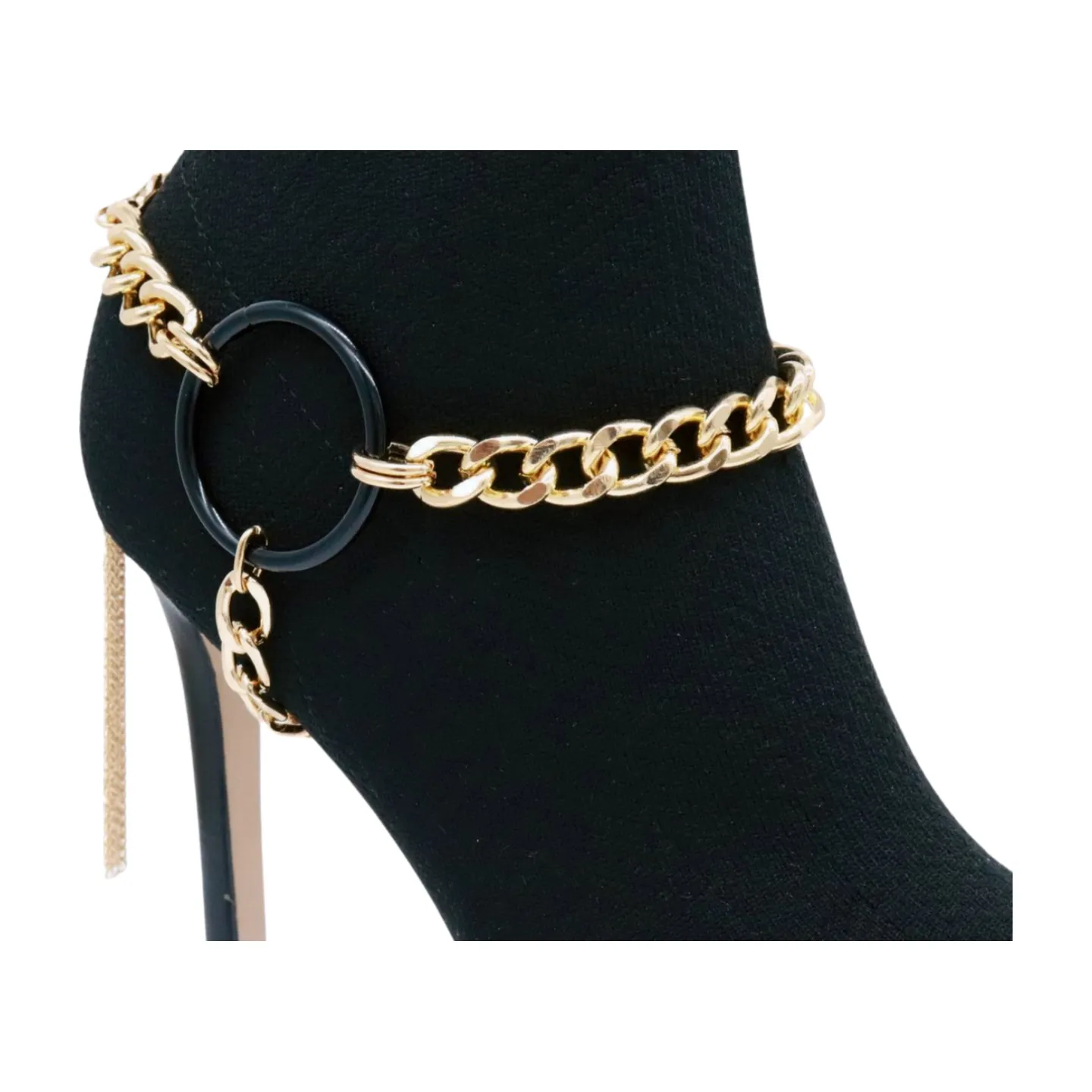 Women Gold Metal Chain Boot Bracelet Shoe Black Circle Charm Tassel