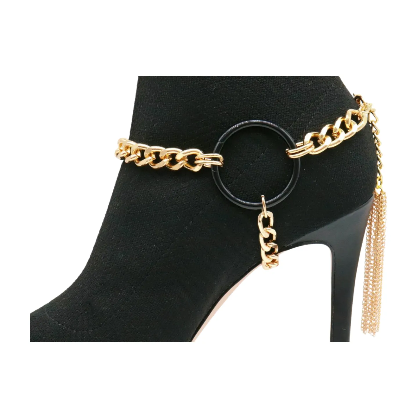 Women Gold Metal Chain Boot Bracelet Shoe Black Circle Charm Tassel