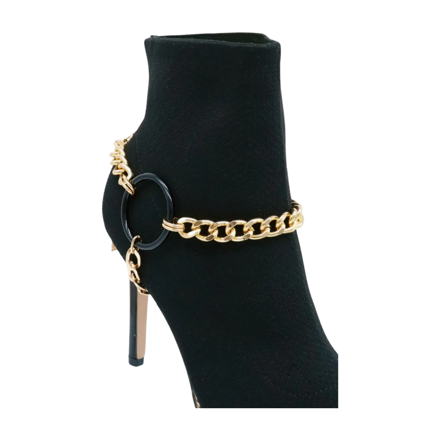Women Gold Metal Chain Boot Bracelet Shoe Black Circle Charm Tassel