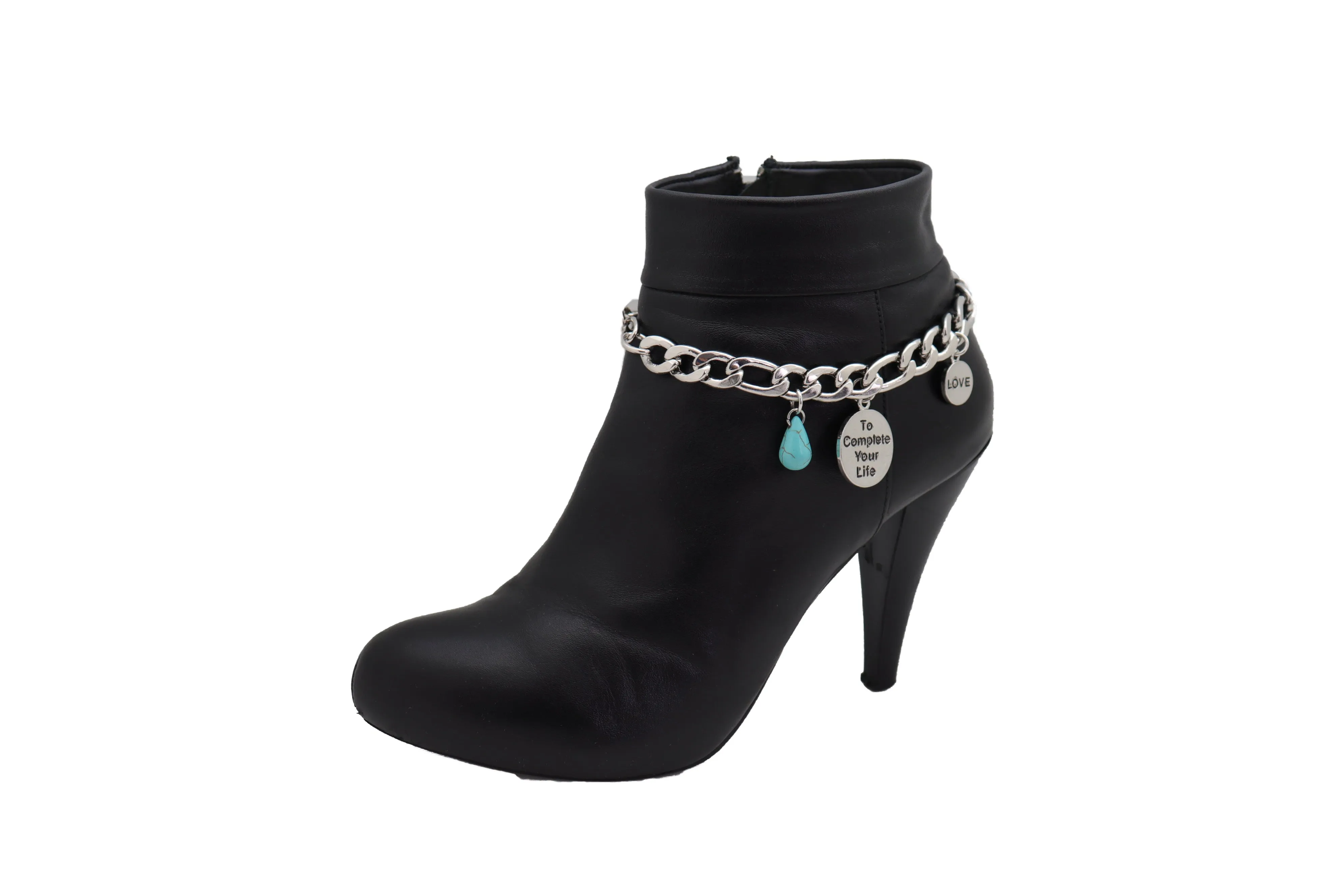 Women Silver Metal Chain Boot Bracelet Shoe Anklet Charm Love Complete Life